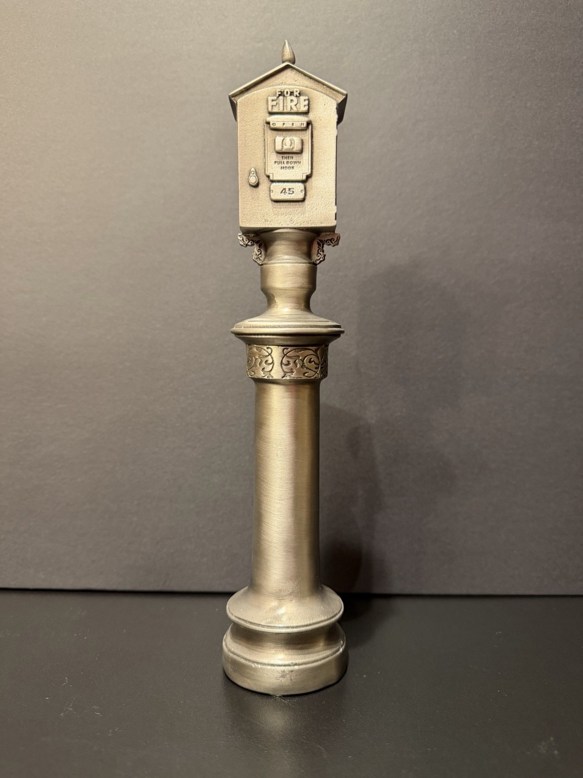Vintage Pewter Fire Alarm Box on Pedestal Paperweight 10” Tall