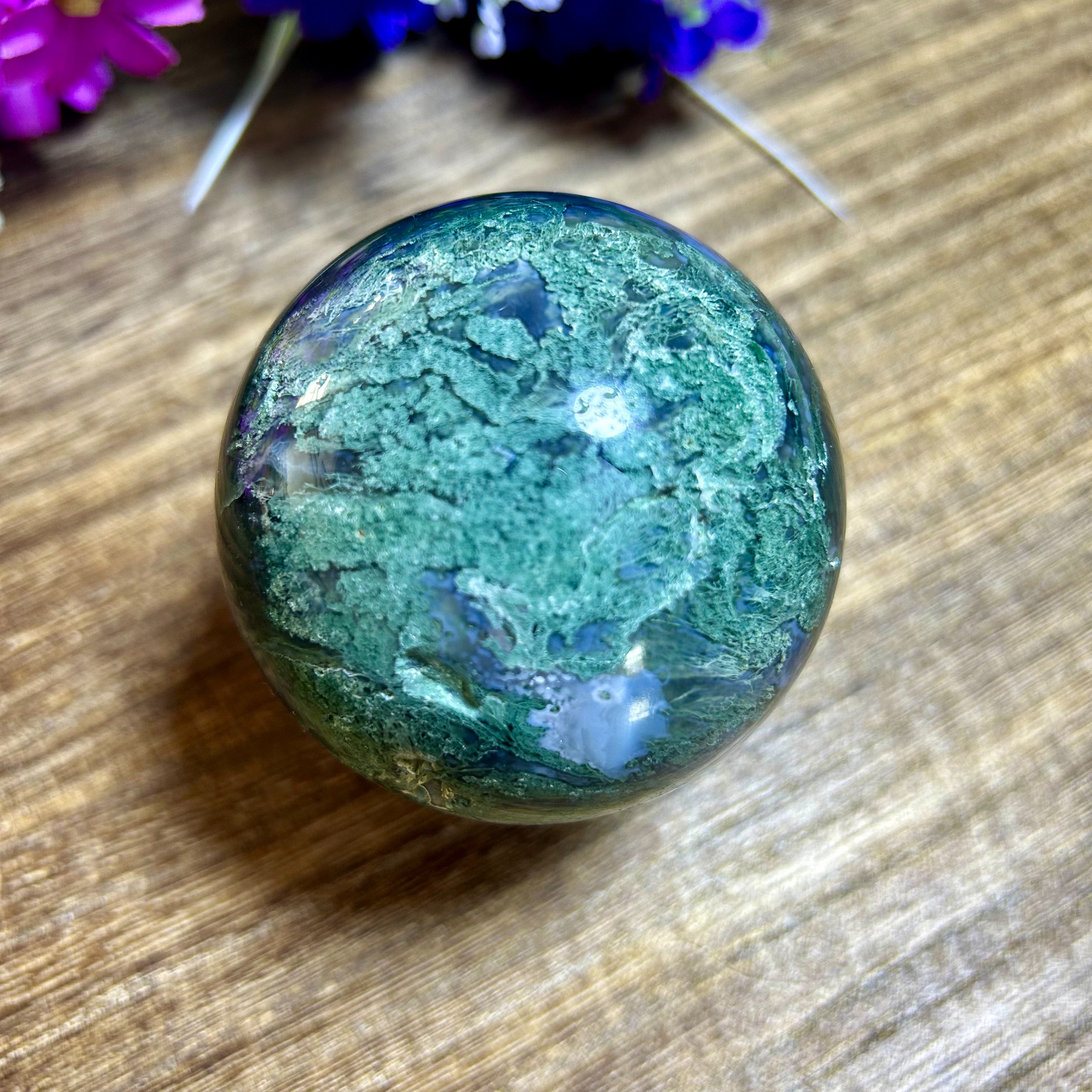430g 67mm Natural Green Moss Agate Sphere Ball Crystal Healing Display 9th