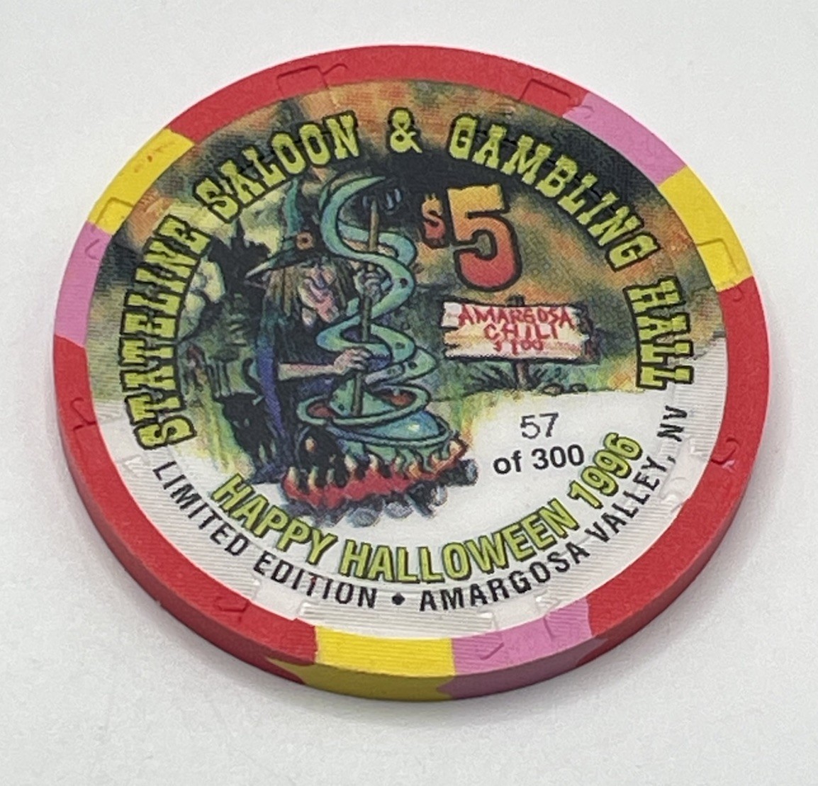 Stateline Saloon & Gambling Hall NV Halloween 1996 $5 Poker Gaming Chip LTD 300