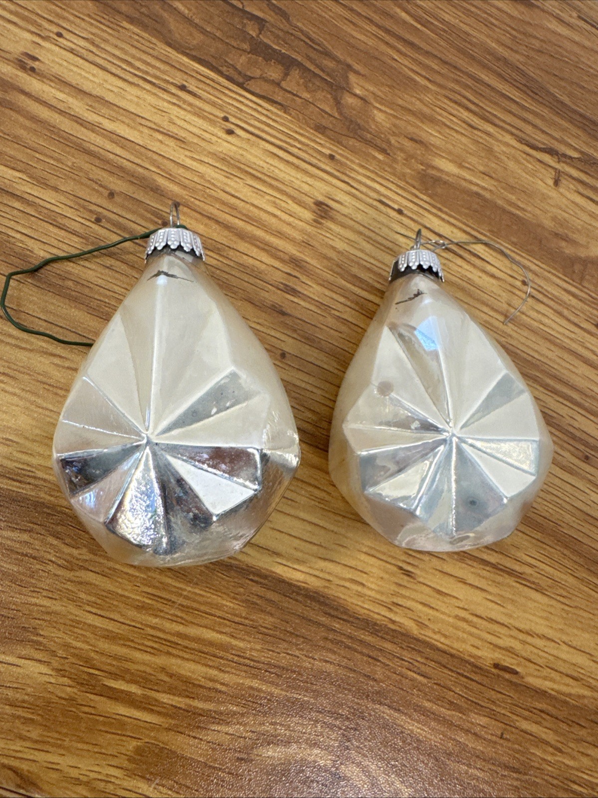 2 Vintage Double Sided Silver Star Blown Glass Christmas Tree Ornaments Germany