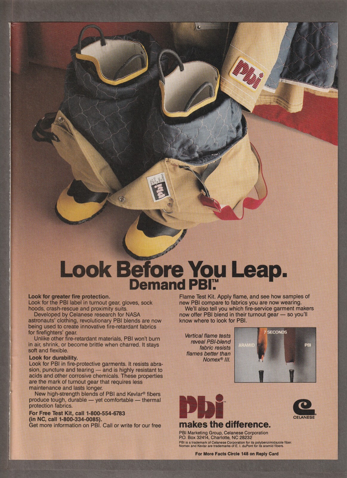 Vintage 1985 PBI FIRE PROTECTION GEAR Magazine AD ~ Charlotte, NC ~ CELANESE