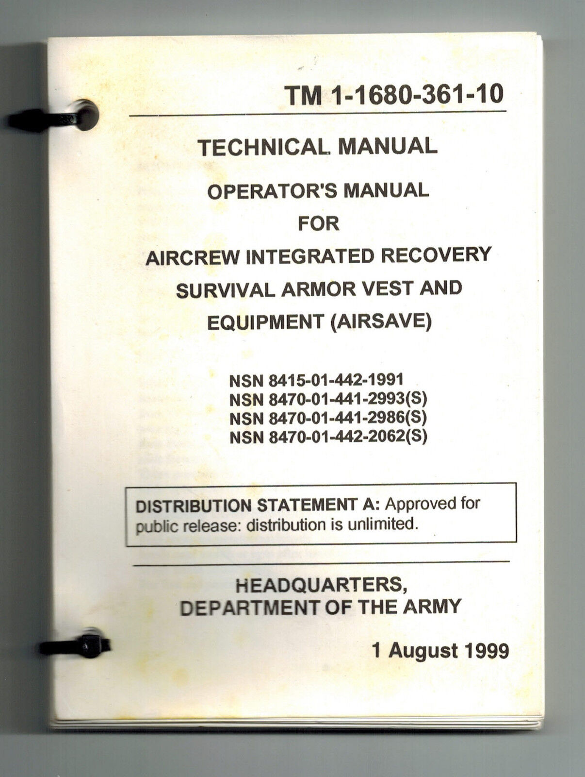  AIRSAVE (Aircrew Integrated Recovery Survival Armor Vest) TM dated Aug 99 (@E3)