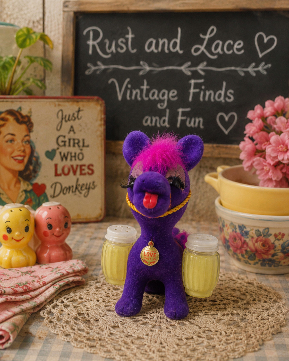 Vintage Purple Flocked Donkey Salt Pepper Hong Kong NOS Love