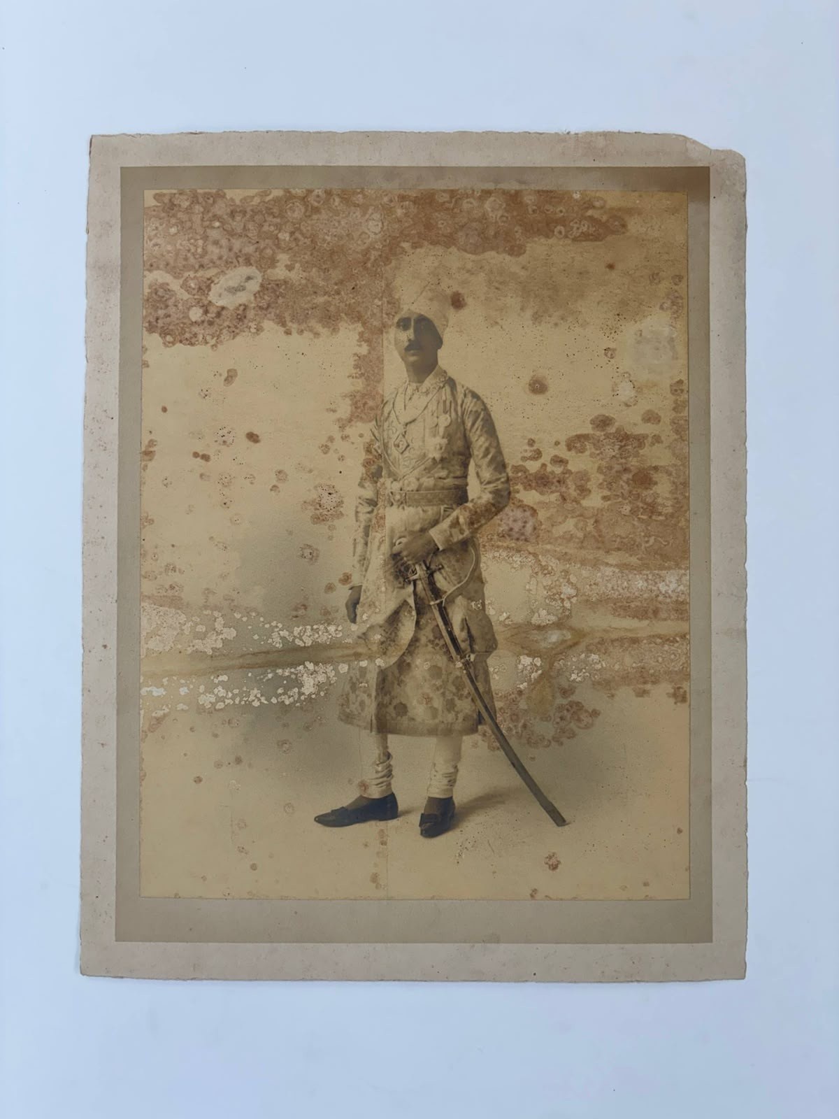 Antique Indian Royal Military Officer Portrait Photograph Sword Turban Art