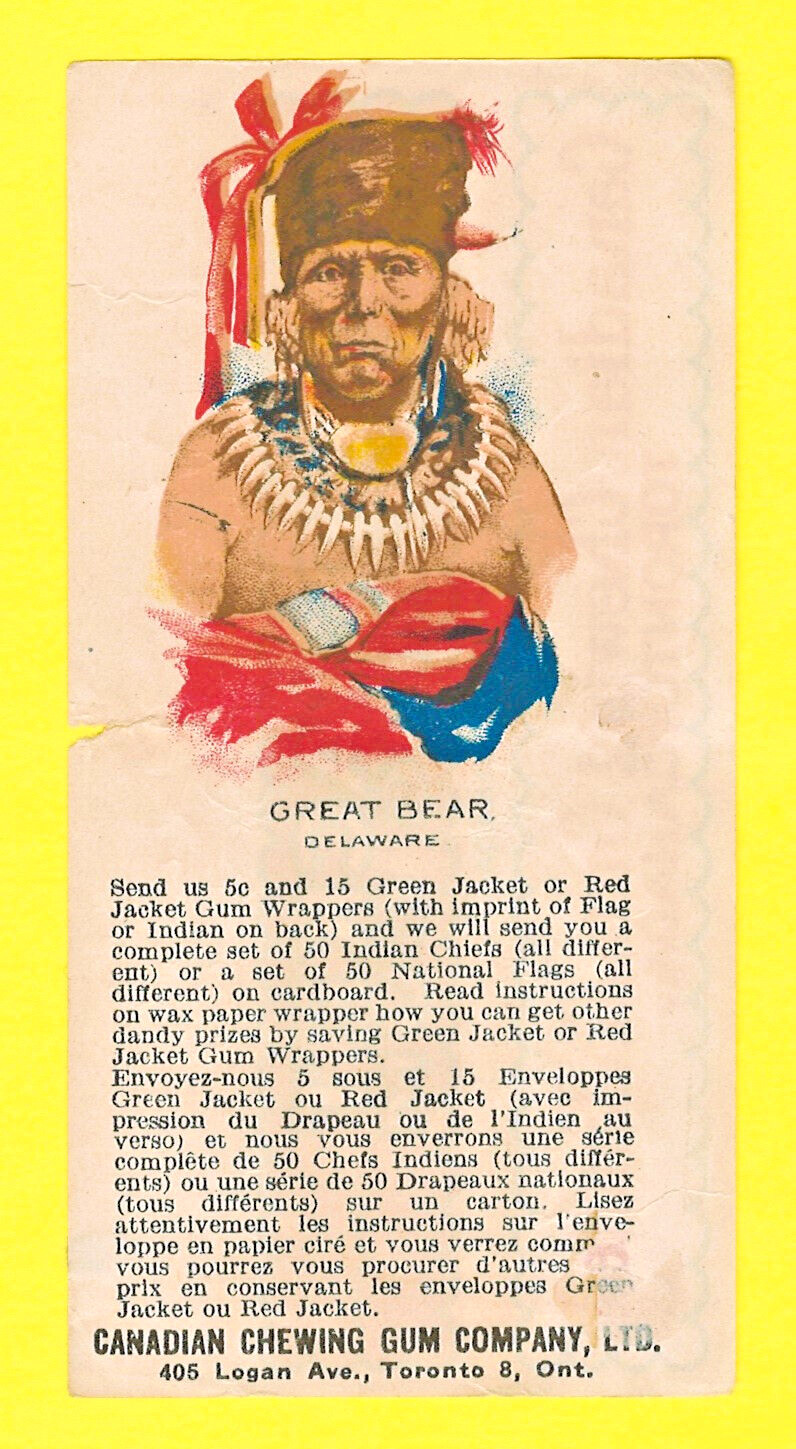 1930 V253 CANADIAN CHEWING GUM - INDIAN CHIEFS - RED JACKET WRAPPER - GREAT BEAR 1930 V253 CANADIAN CHEWING GUM - INDIAN CHIEFS - RED JACKET WRAPPER - GREAT BEAR