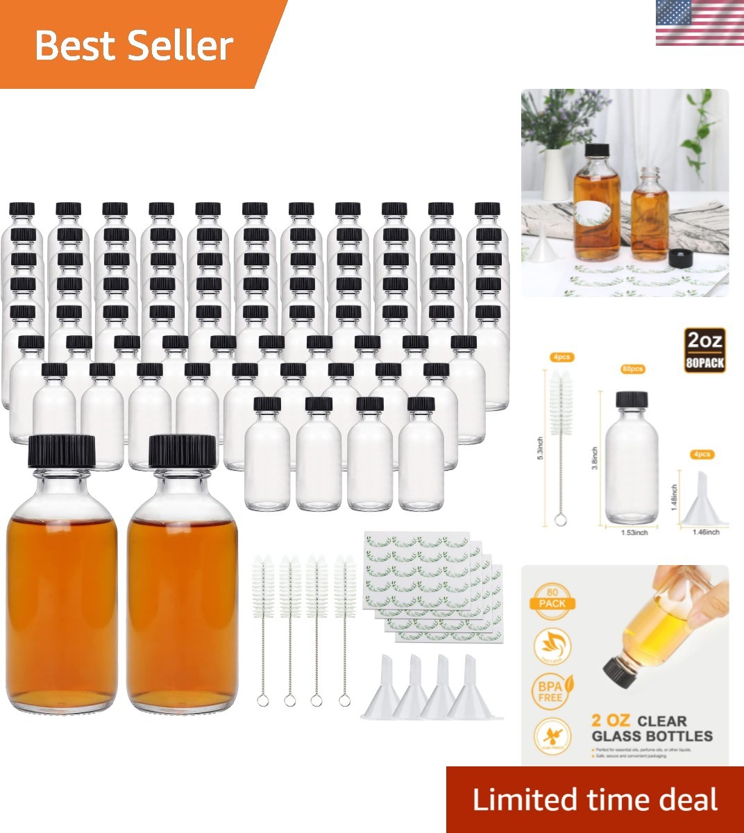 Elegant 2 oz Clear Glass Containers with Labels & Funnels - Perfect for Travel