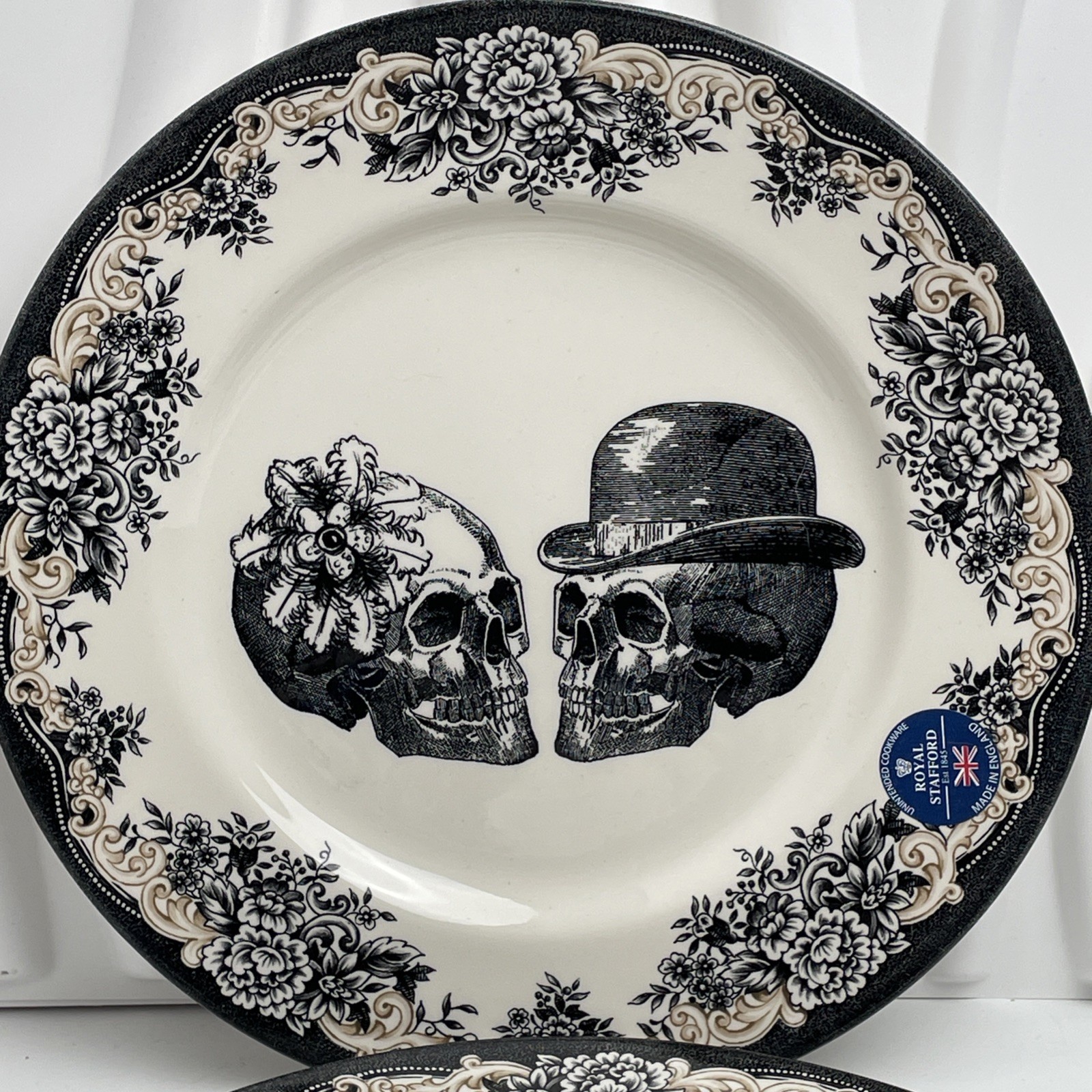 Royal Stafford Skull Dinner Plate Set Of 2 Gothic Victorian English Pottery