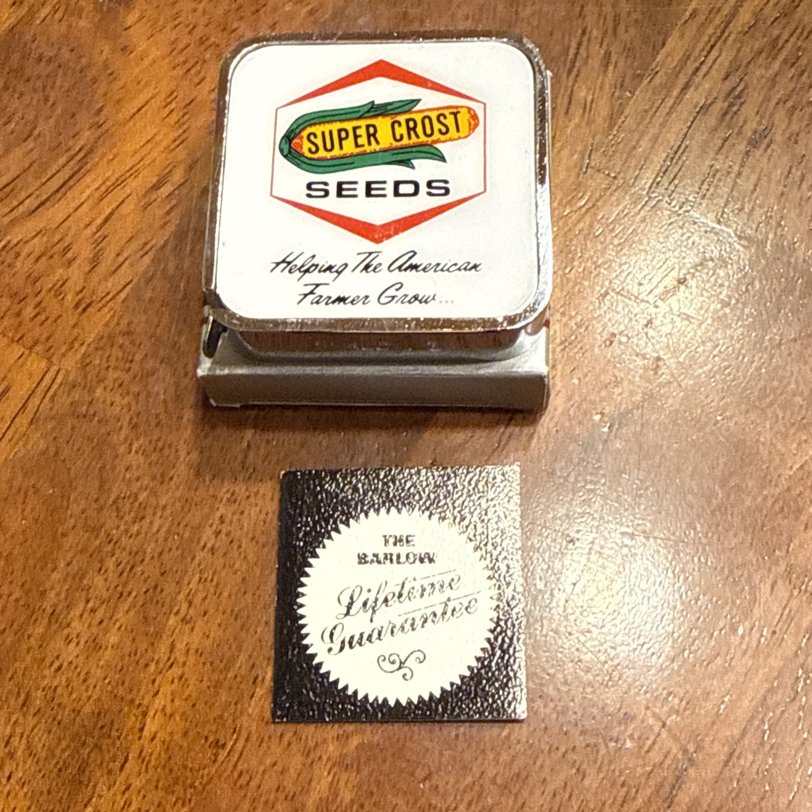 Vintage Barlow advertising Super Crost seeds metal tape measure Farm Seed Corn