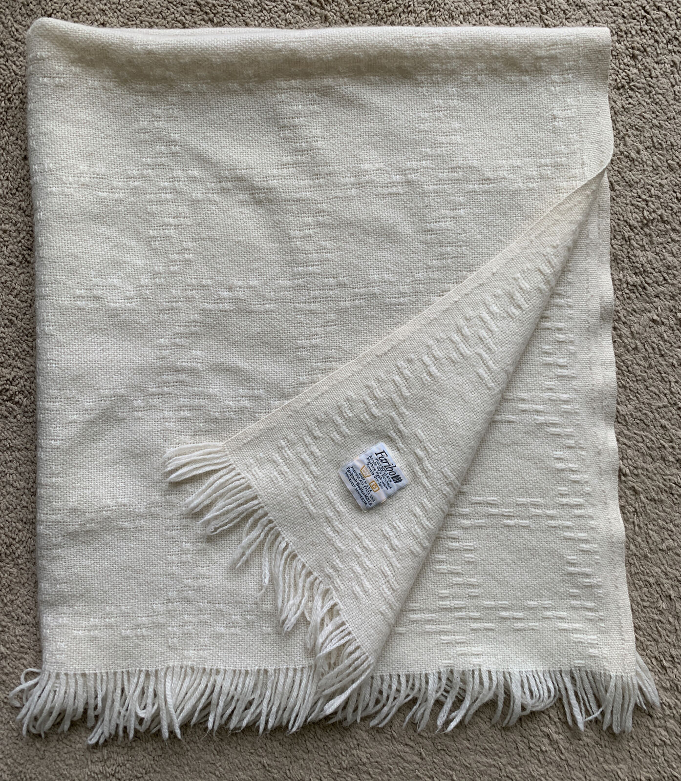 Faribo Wool Acrylic Warm Up Throw Car Lap Blanket Fringed Ivory USA Made 45x50”
