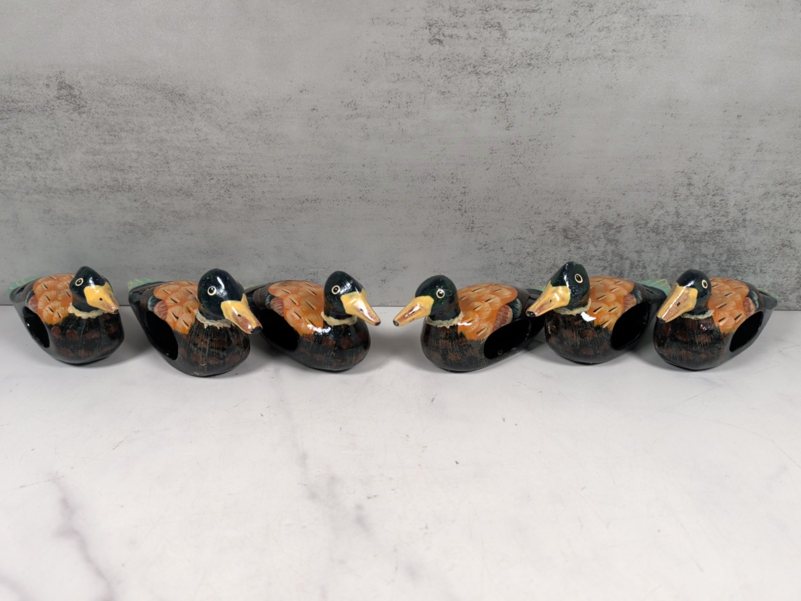 Vintage Mallard Duck Napkin Ring Set of 6 Hand Painted Wood Wooden Decoy