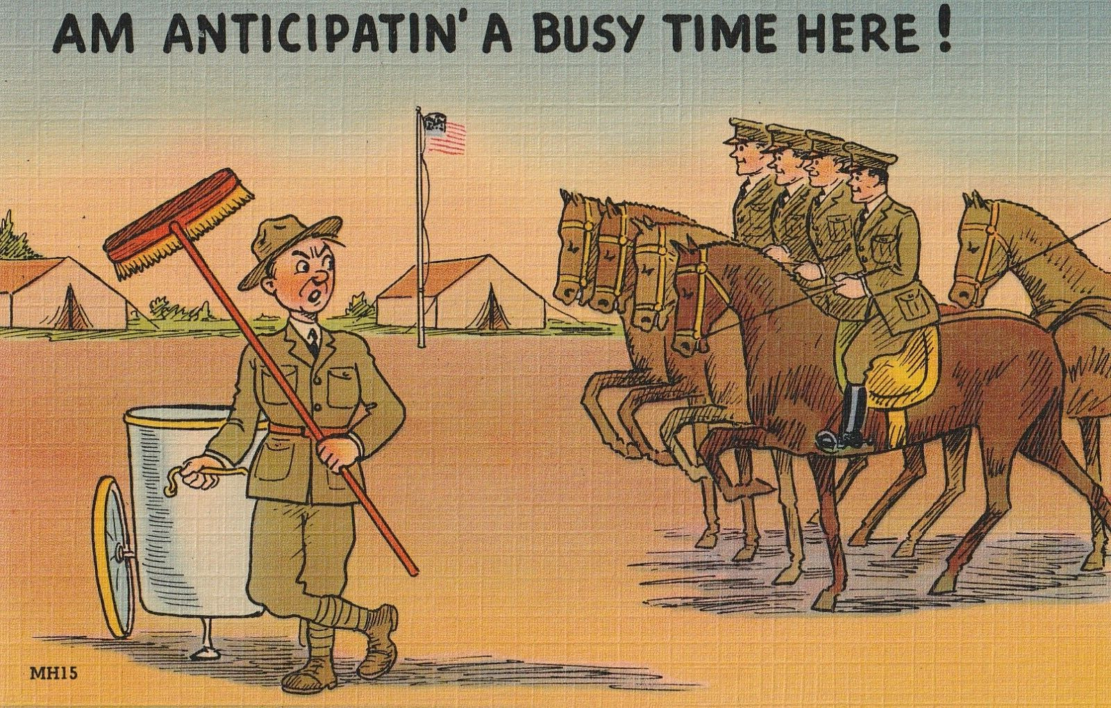 Vintage Linen WW2 Postcard Army Am Anticipatin' A Busy Time Here Tichnor Unused