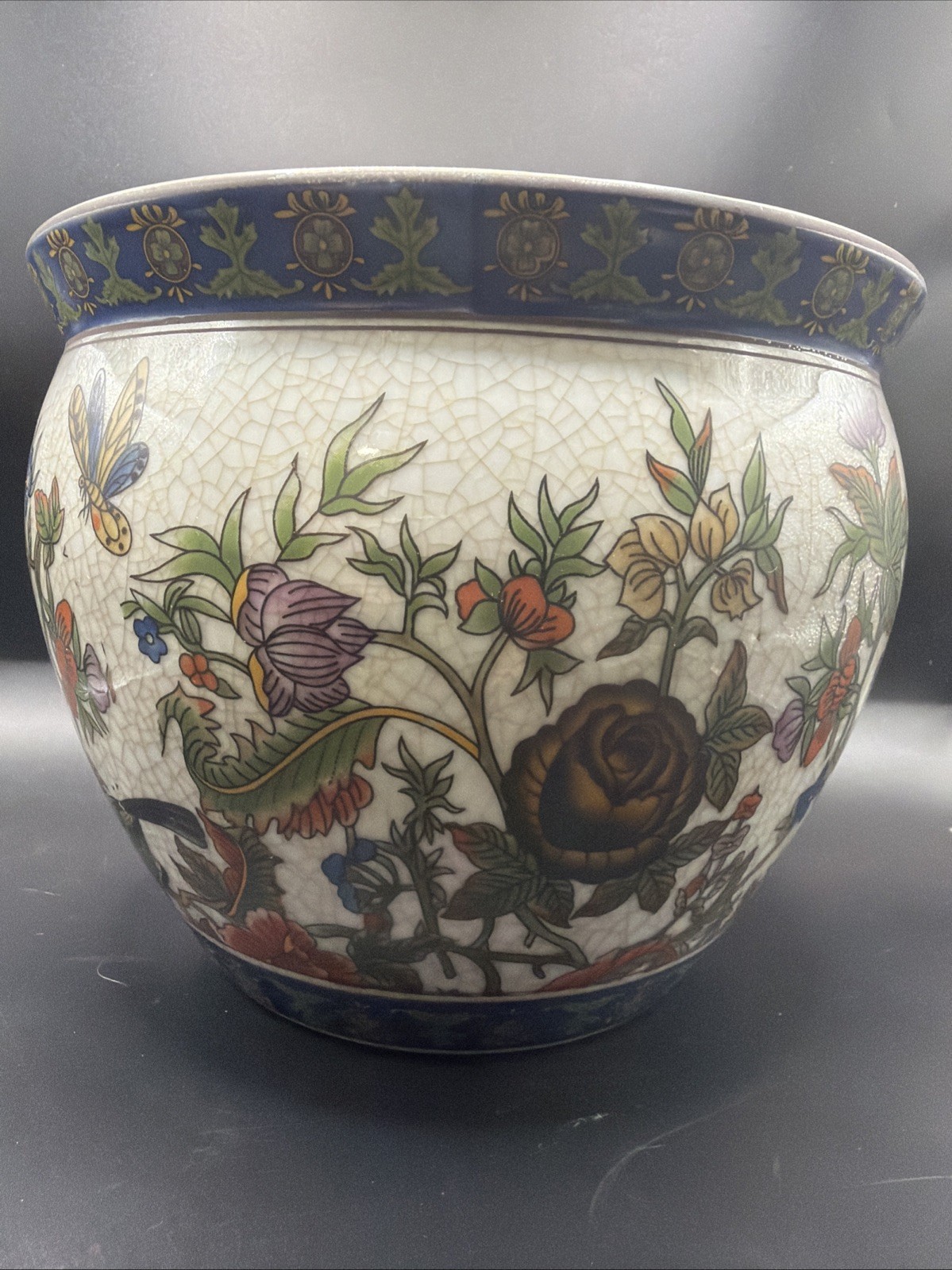 Vintage Chinoiserie Cracked Glaze Pot Planter 6” Tall 7.25” Dia. Floral Insect