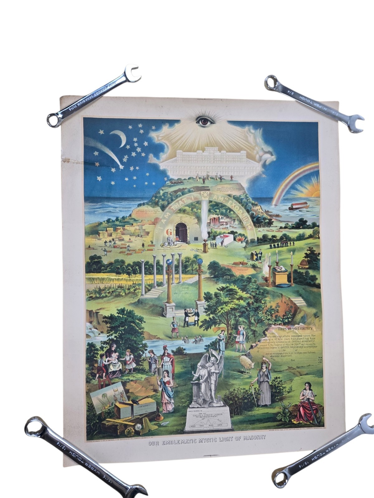 Antique 1914 Mystic Light Of Masonry J. Adams Lithograph Freemason Degree Master