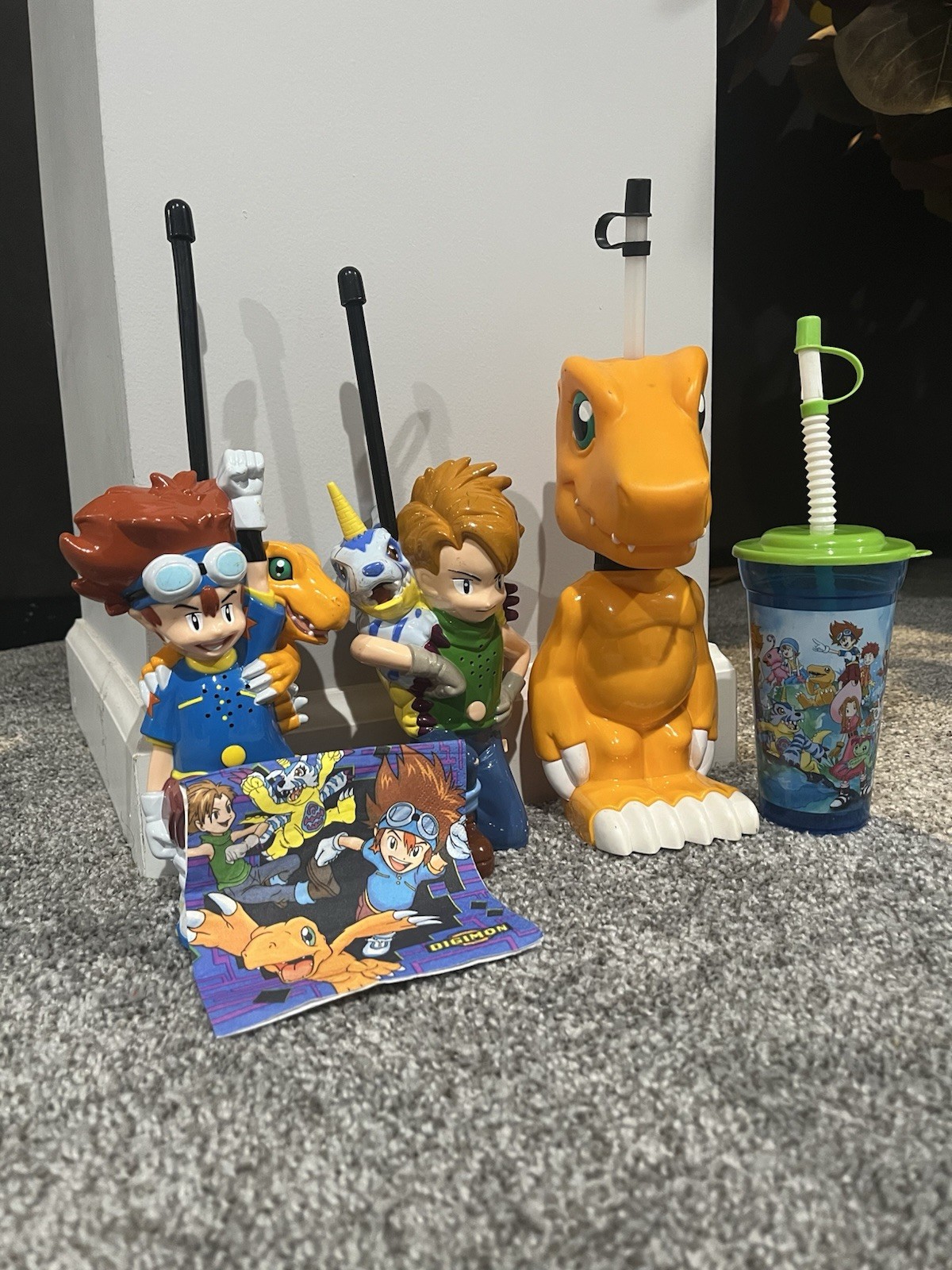 Digimon Walkie Talkies, Two Vintage Water Bottles, And Vintage Party Napkin