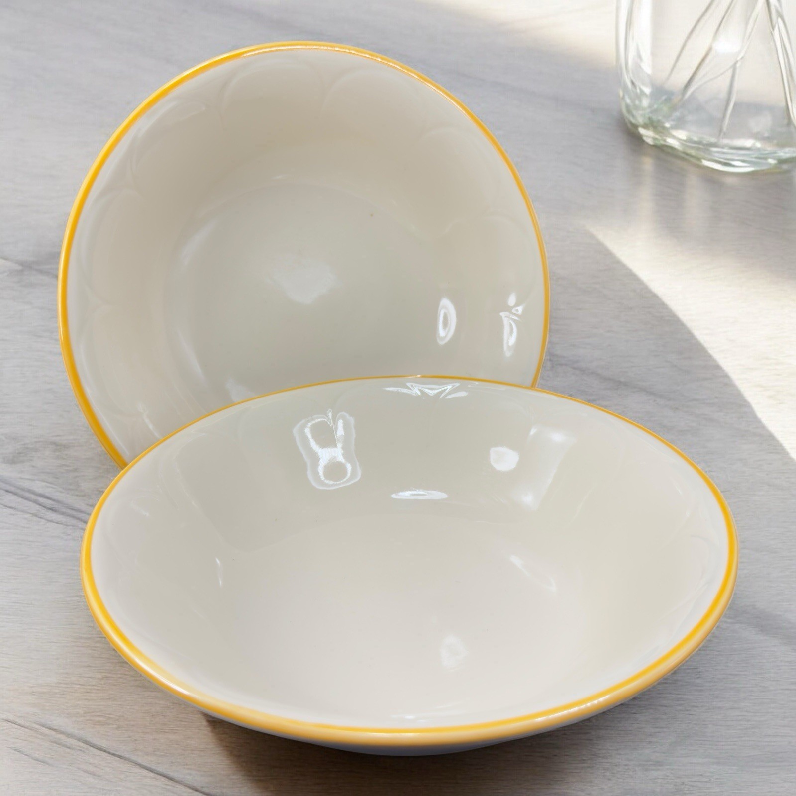 Franciscan Pottery Interpace Bowl Dish Set 2 Yellow Edges USA Large Bowls 8.5in