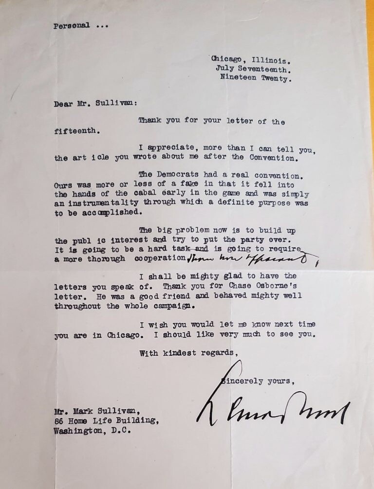 GENERAL LEONARD WOOD - 1920 PRESIDENTIAL CANDIDATE LETTER