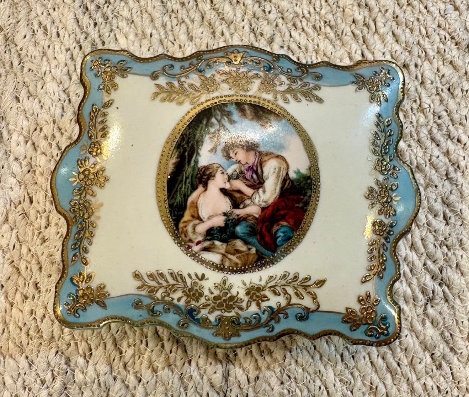 Vintage S.G.K. Occupied Japan Porcelain Trinket Box Blue Gold Romantic Scene