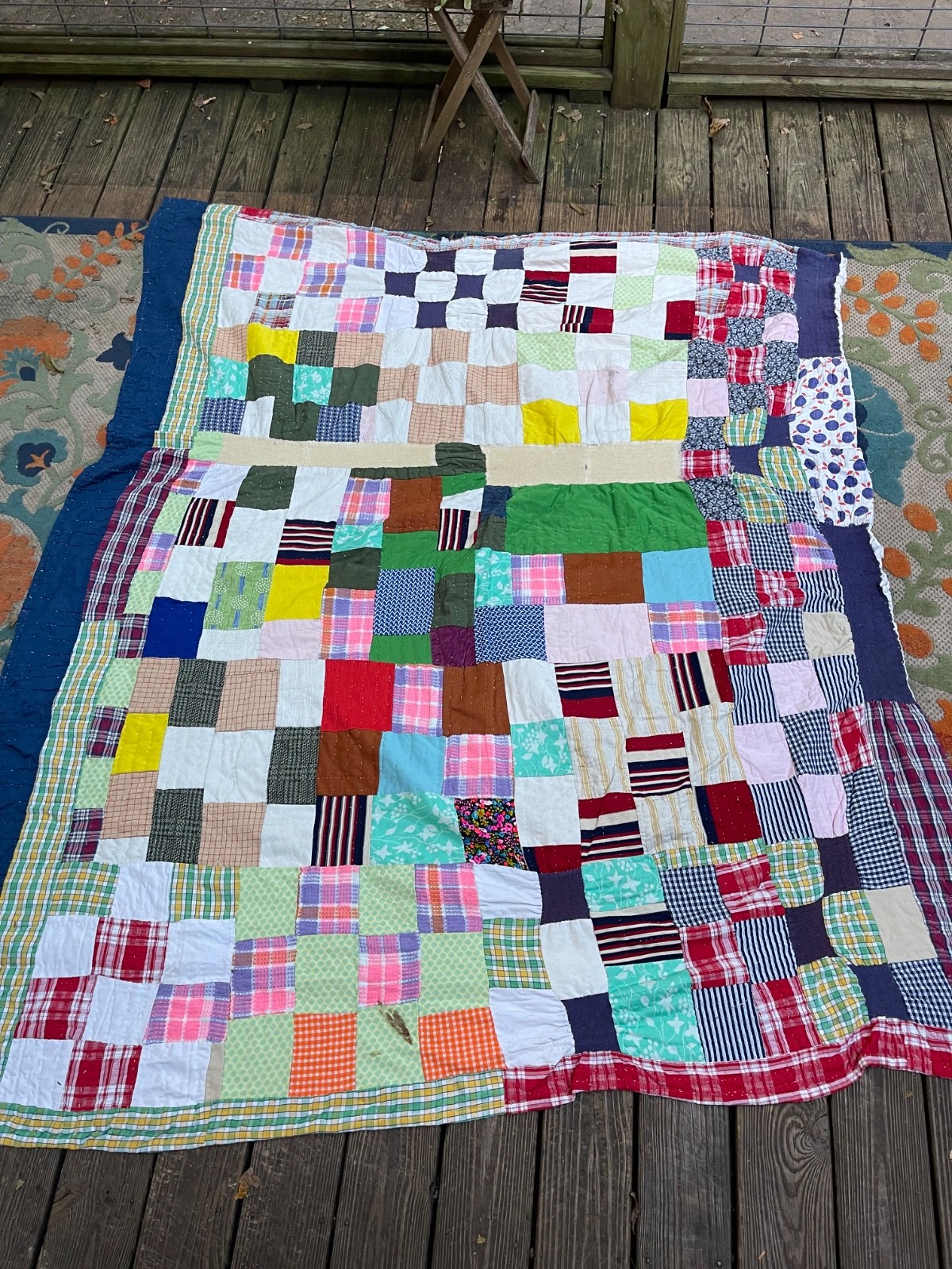 Vintage Handcrafted Scrappy Patches Patchwork Quilt Mid-Century Textile Linens