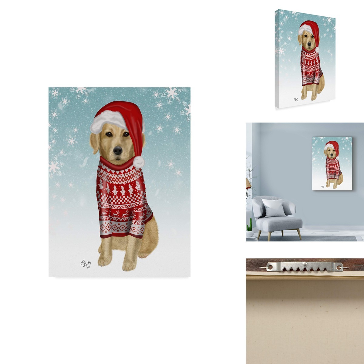 Trademark Fine Art Golden Retriever in Christmas Sweater by Fab Funky 14x19-Inch