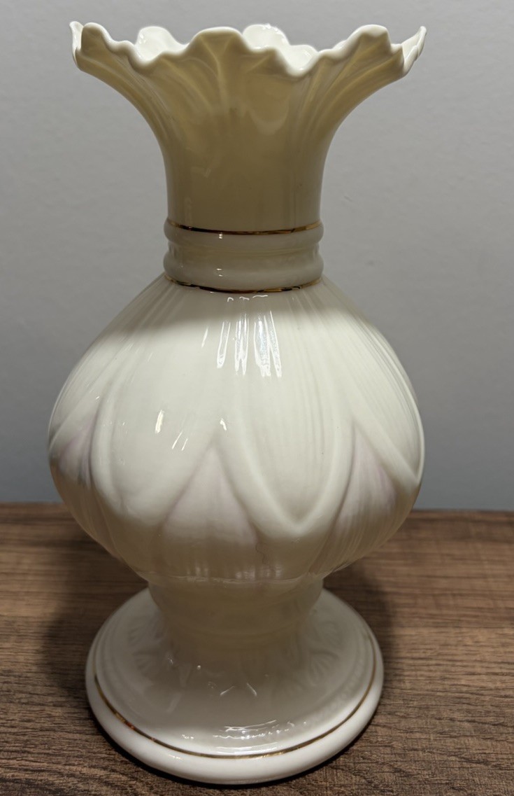 Vintage Belleek Lotus Blossom Vase 8” Pink Gold Trim Blue Mark Ireland