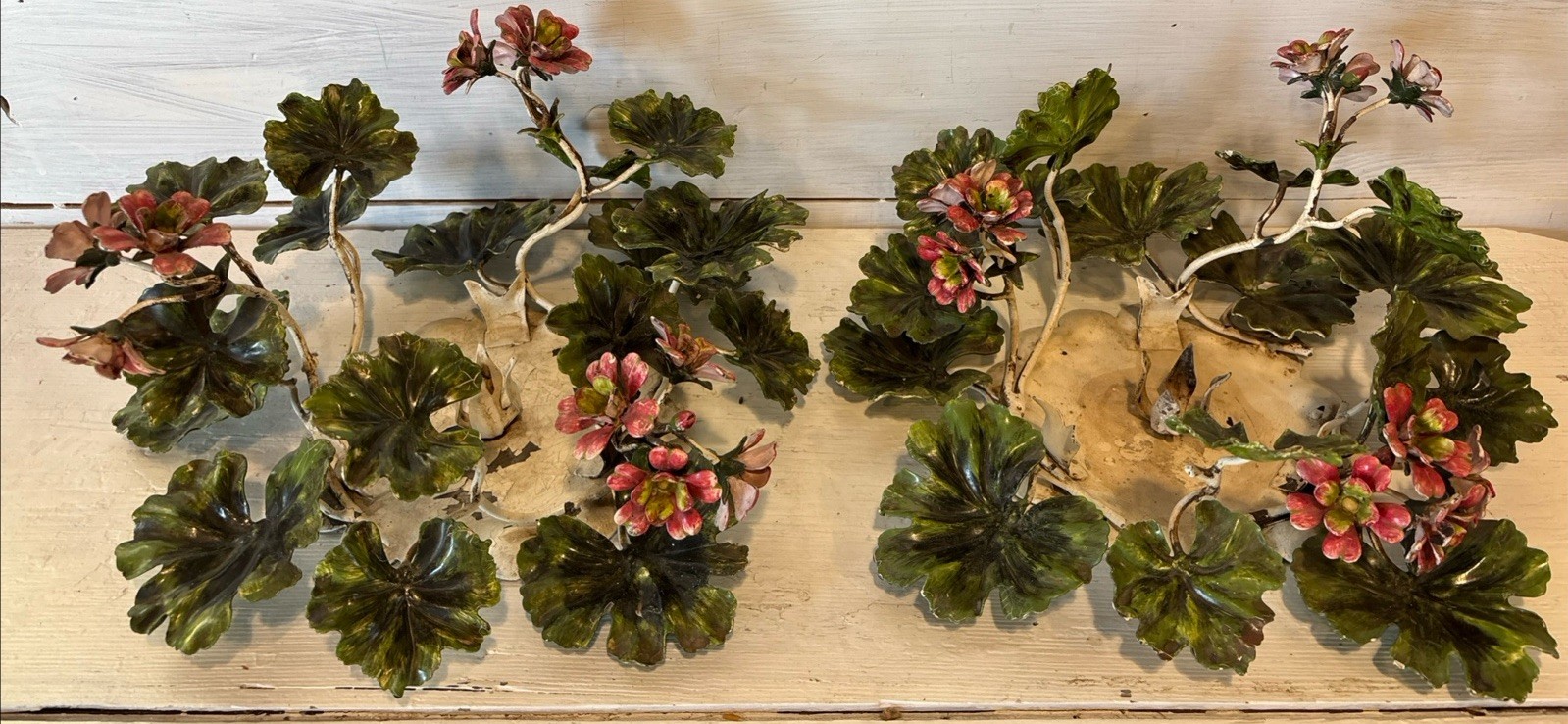 2 Vintage Italian Metal Tole Candle Stick Holders Floral Red Geranium Wreath