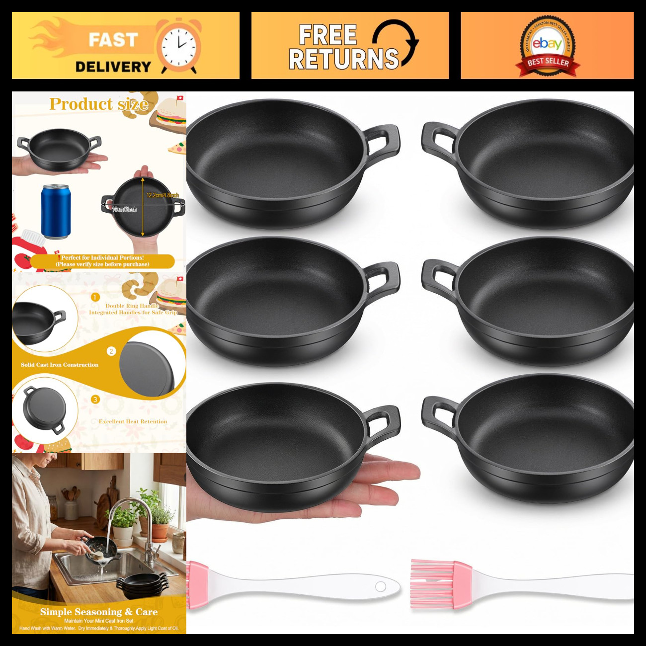 Set of 6 Mini Cast Iron Skillets - 4.8