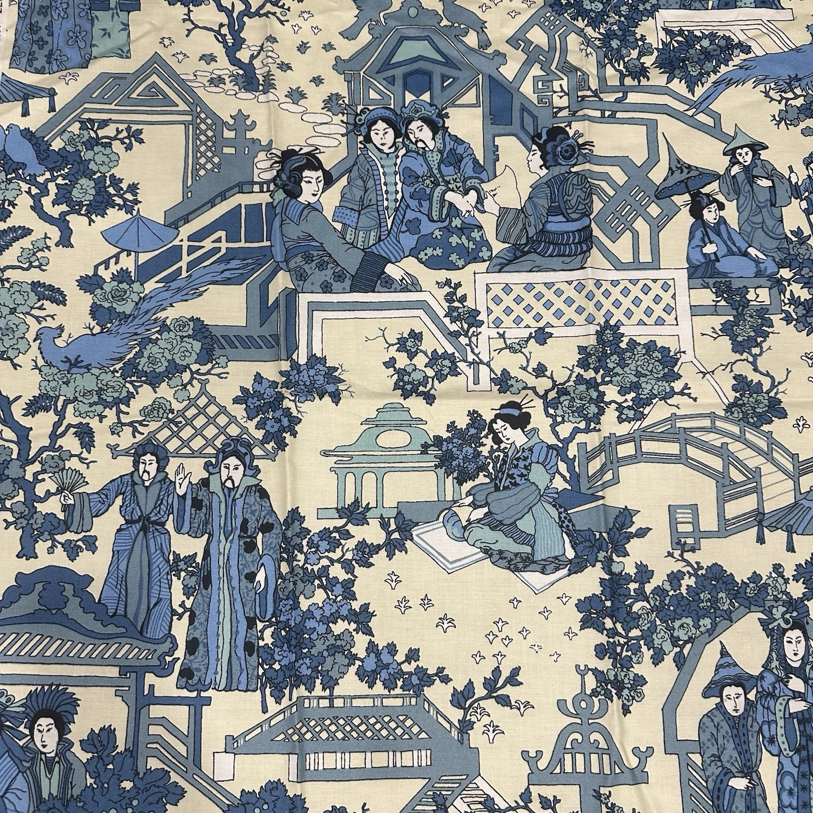 VINTAGE BLOOMCRAFT Rare Design Chinoiserie Upholstery Fabric Blue Ivory