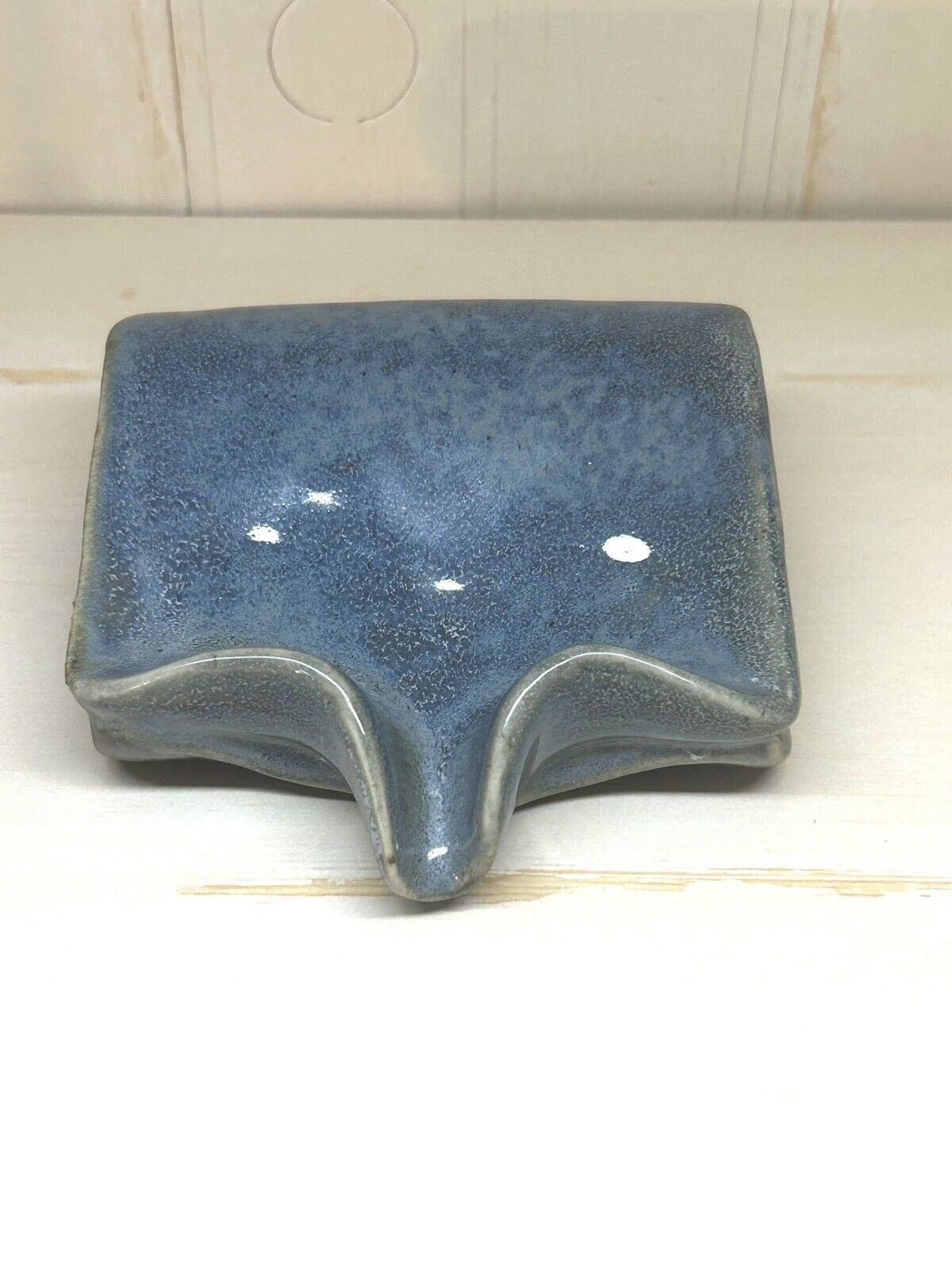 Art Pottery Spoon Rest Blue Glaze Handmade Folded Clay Drip Design Excellent 4x4