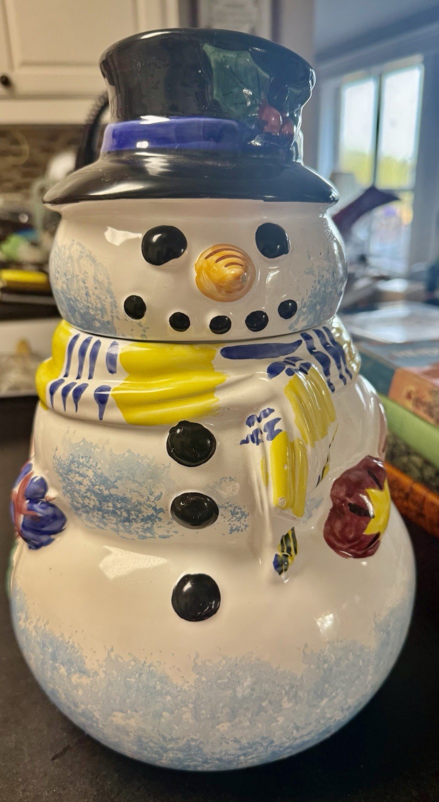 Vtg Handcrafted ITALY Christmas Present Tense Adorable Snowman Cookie Jar Winter