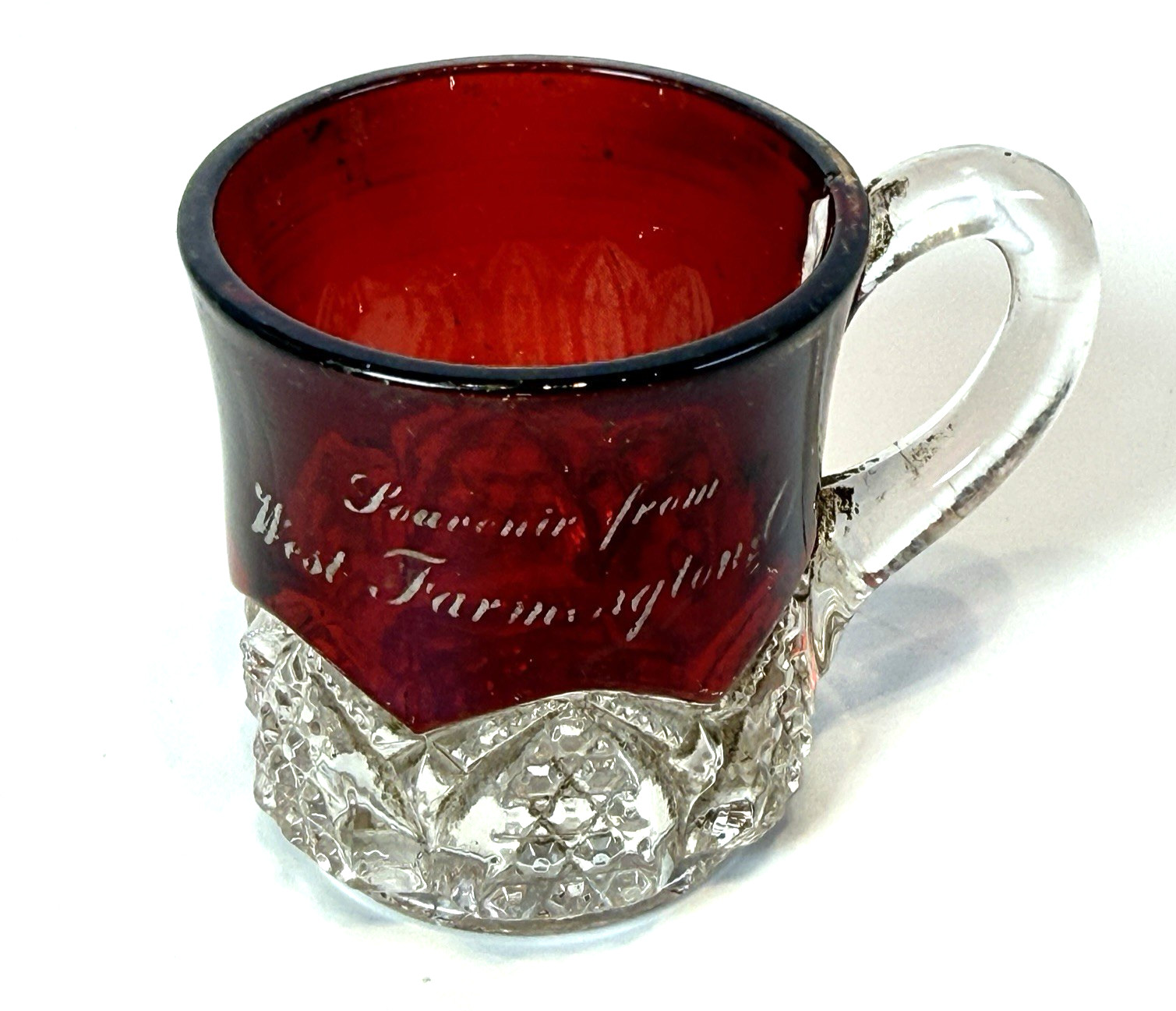 WEST FARMINGTON OHIO OH Ruby Red Flash Souvenir Glass Trinket CUT GLASS CUP