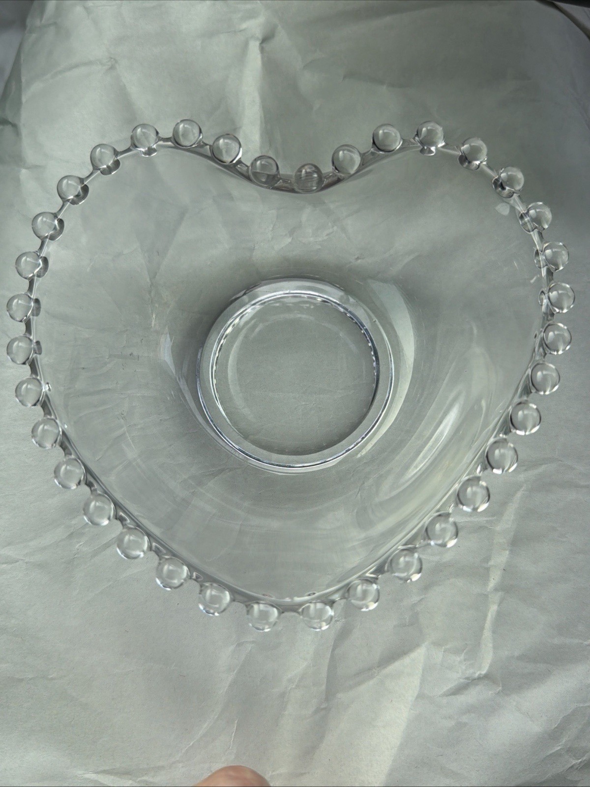Vintage Imperial Candlewick Heart-Shaped Clear Glass Bowl-Beaded Rim Candy Dish