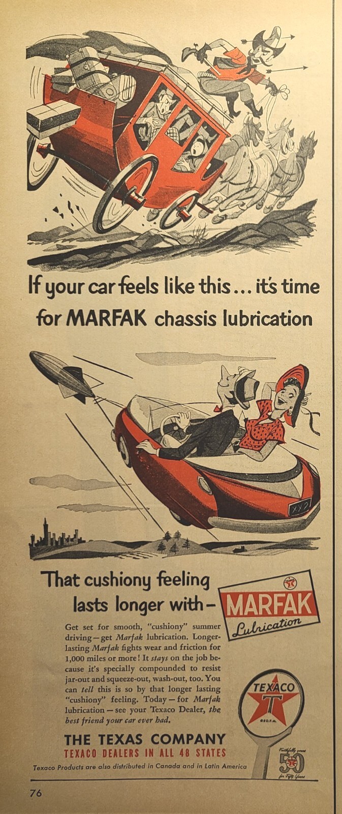 Texaco Marfak Lubrication Car Chassis Stagecoach Blimp Vintage Print Ad 1952