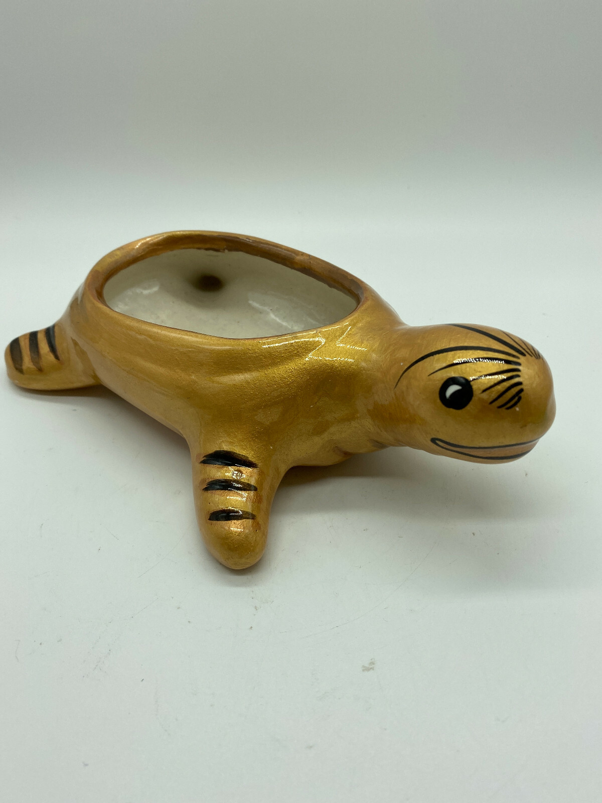 Pottery Ceramic Turtle Planter Trinket Dish Hand Painted Glossy Gold 