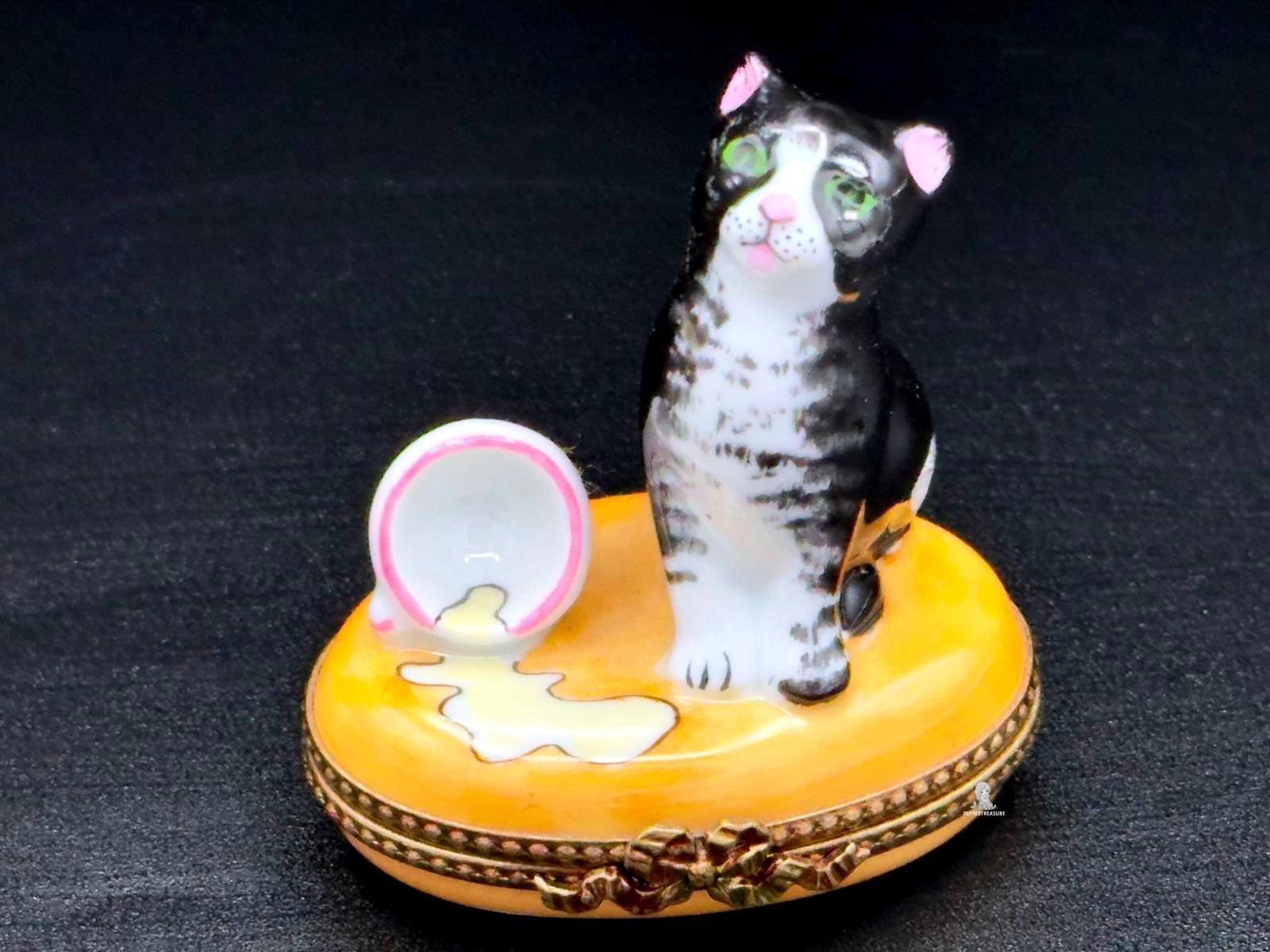 Authentic Limoges Peint Main Cat Felix Trinket Box – Spilled Milk Bowl Figurine Authentic Limoges Peint Main Cat Felix Trinket Box – Spilled Milk Bowl Figurine