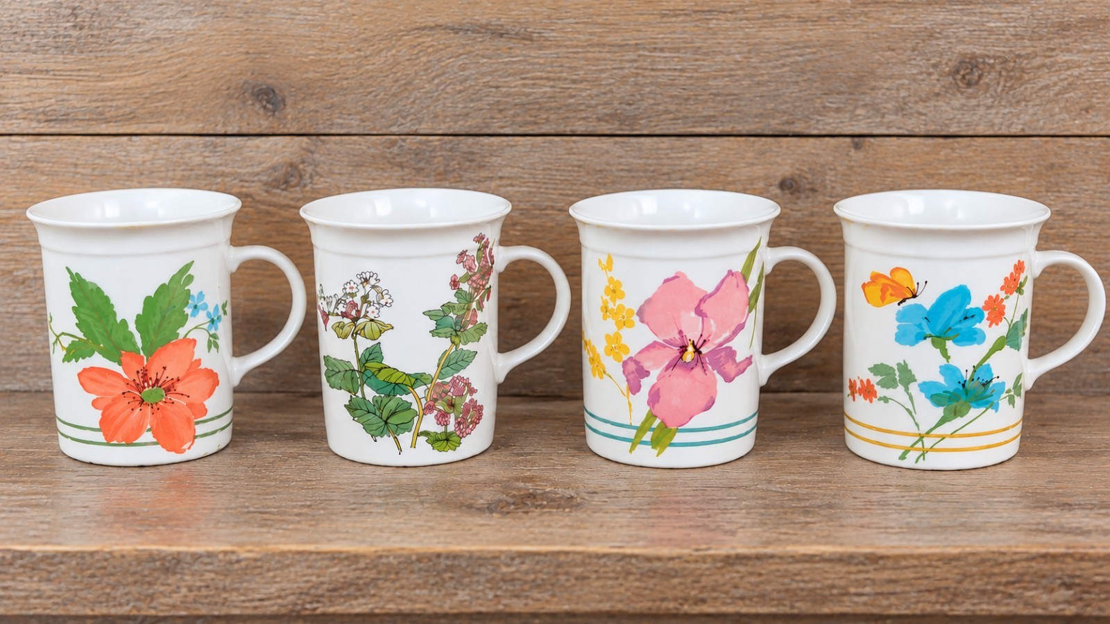 Vintage Roy Kirkham Fine Bone China Floral Mugs Set of 4 Made in England MCM