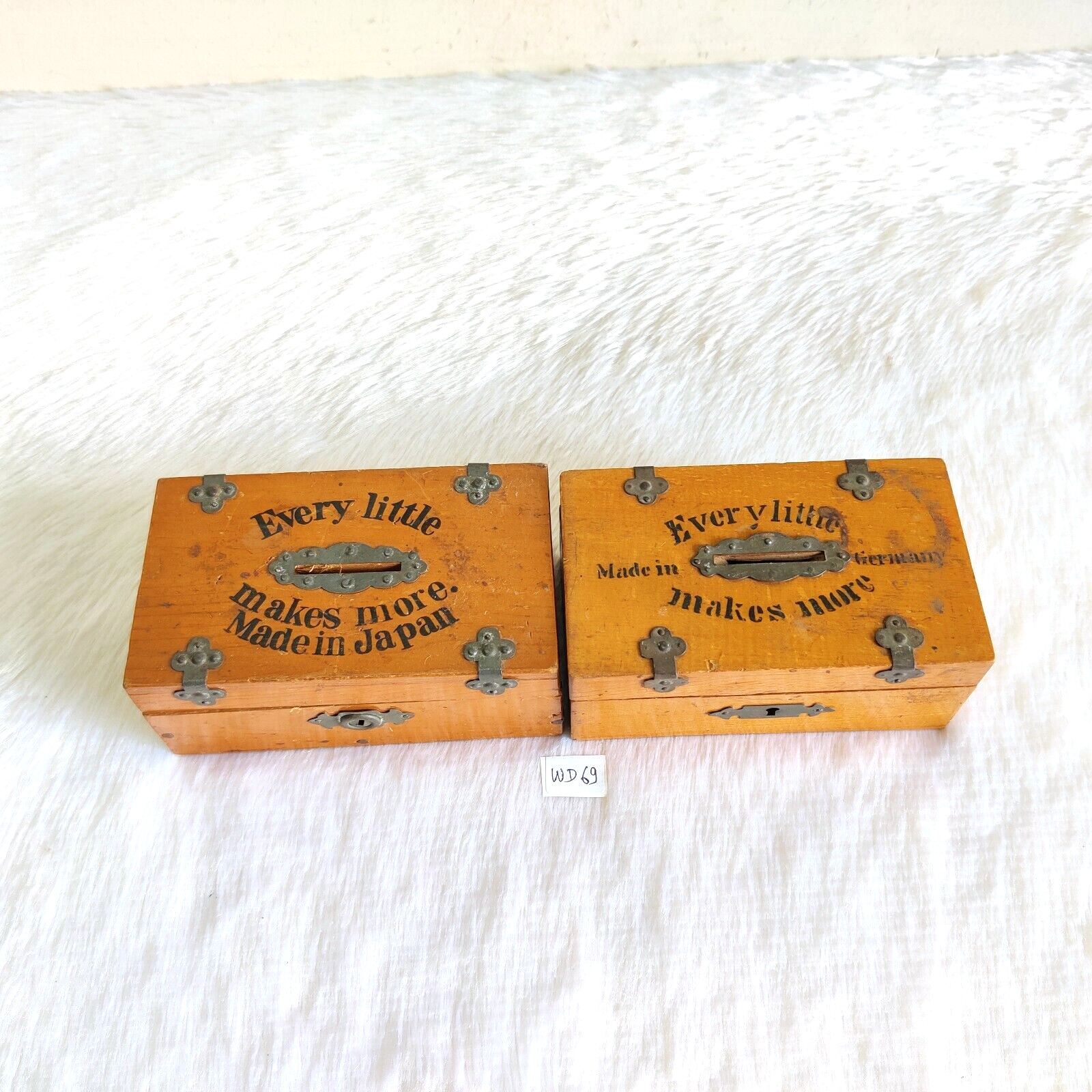 1920s Vintage Wooden Every Little Makes More Coin Box Japan Germany Pair WD69