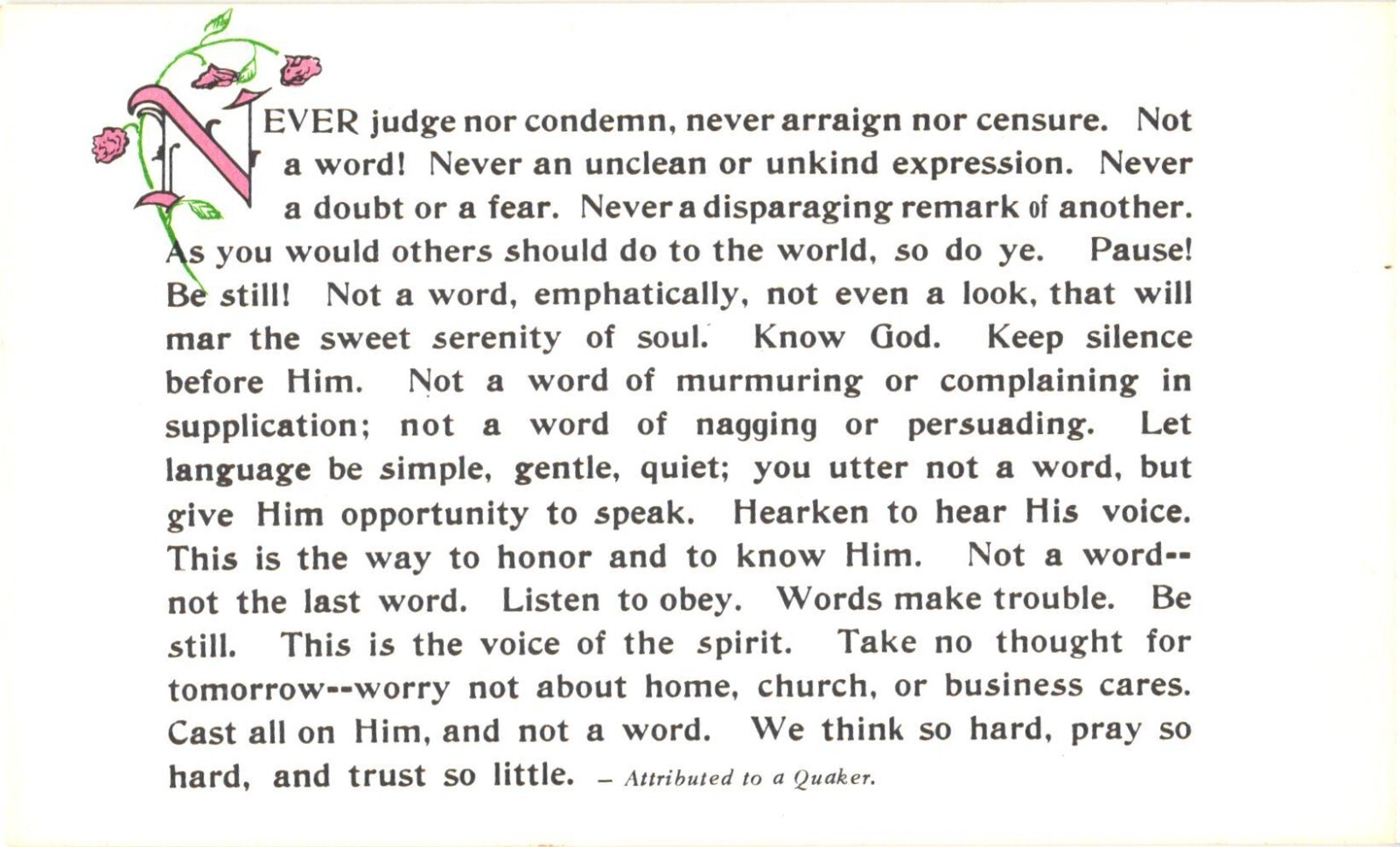 Quaker Quote Never Judge Nor Condemn Religious Postcard 1970s Unused Quaker Quote Never Judge Nor Condemn Religious Postcard 1970s Unused