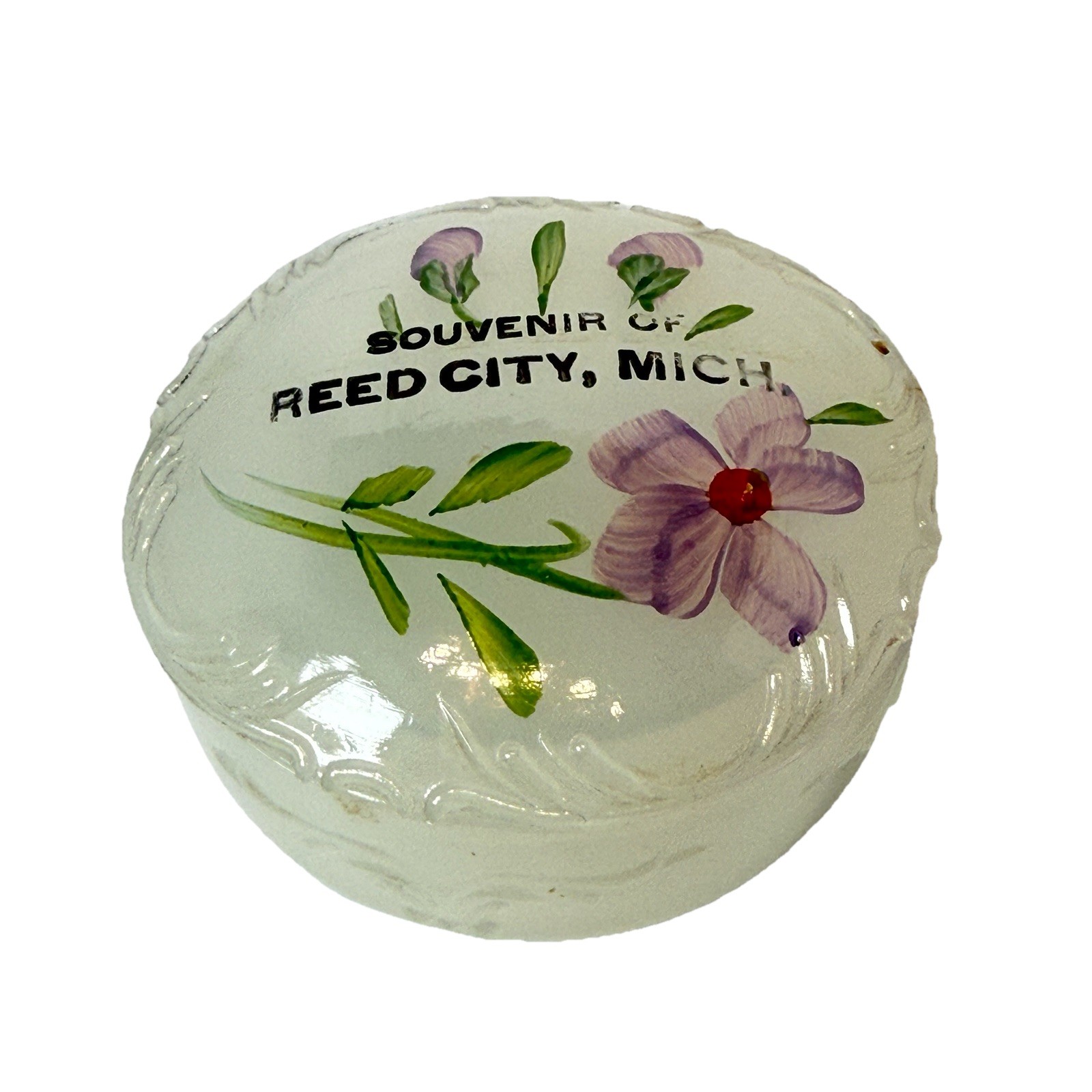REED CITY MICHIGAN MI Antique Depression Glass Souvenir MILK CUT TRINKET BOX