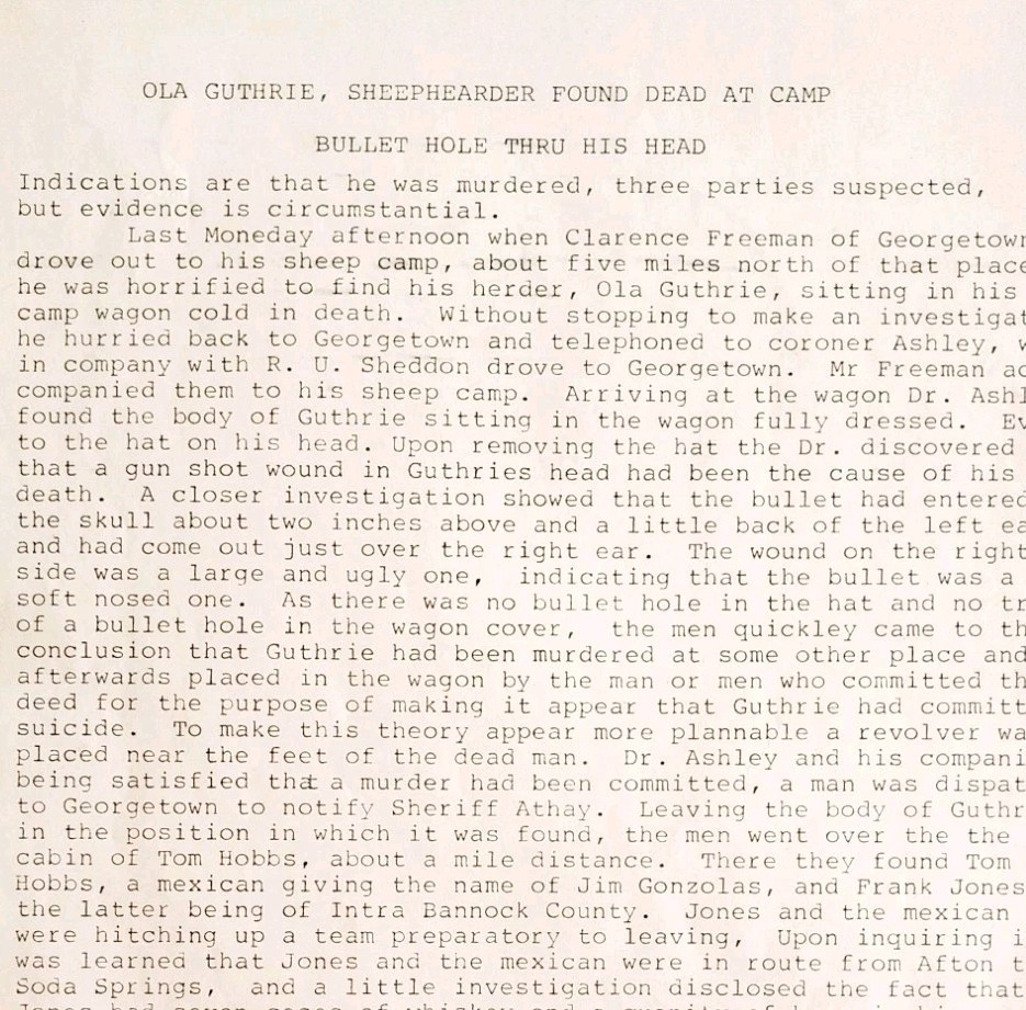 1912 Ola Guthrie Murder Georgetown Idaho Journalist Draft Local Crime 2 DWJJ5