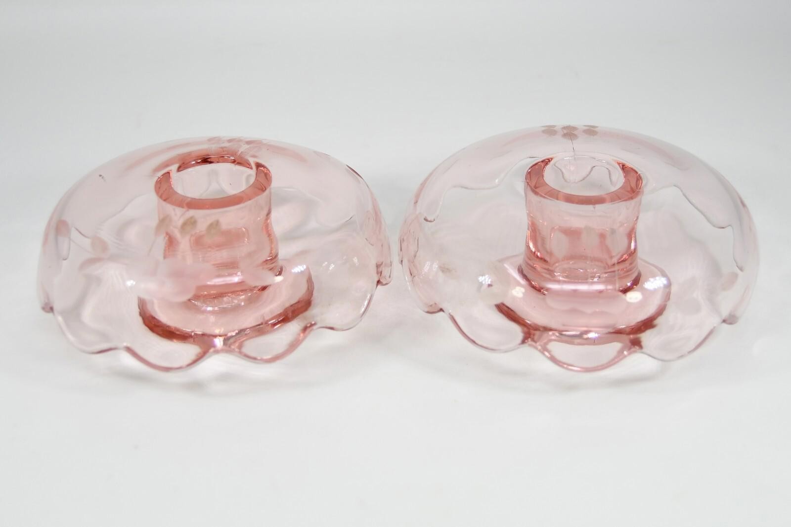 Pink Depression Glass Floral Etched Rolled Mushroom Umbrella Candlestick Holders