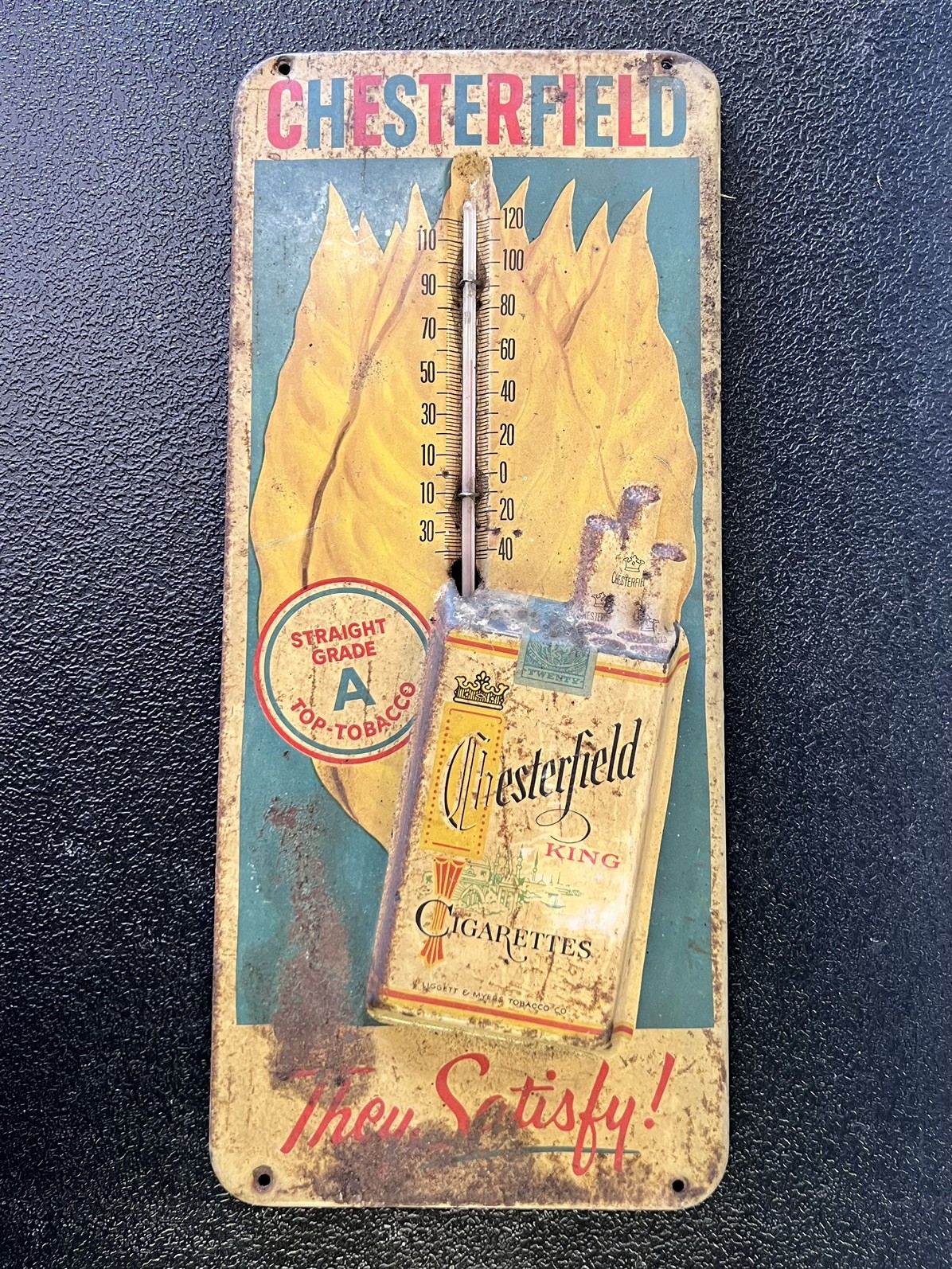 ​Vintage 1950's Chesterfield Cigarettes Tobacco Embossed Metal Thermometer Sign