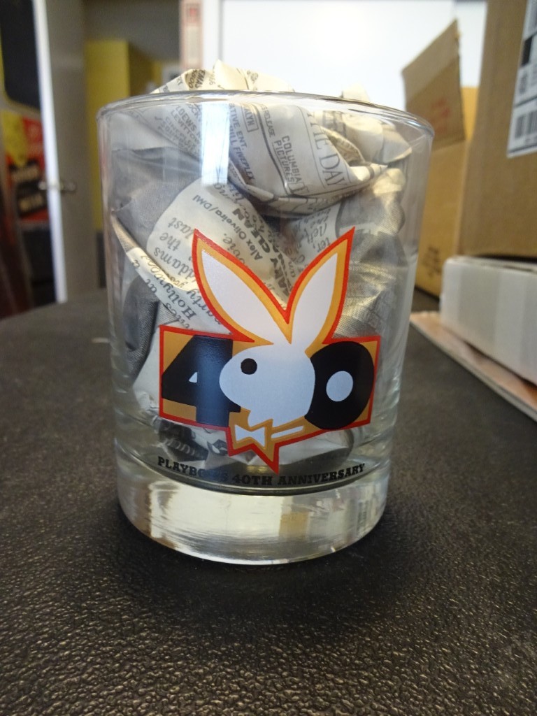 SET OF 4 BRAND NEW PLAYBOY 40th ANNIVERSARY LOW BALL GLASSES HEFNER BUNNY CLUB