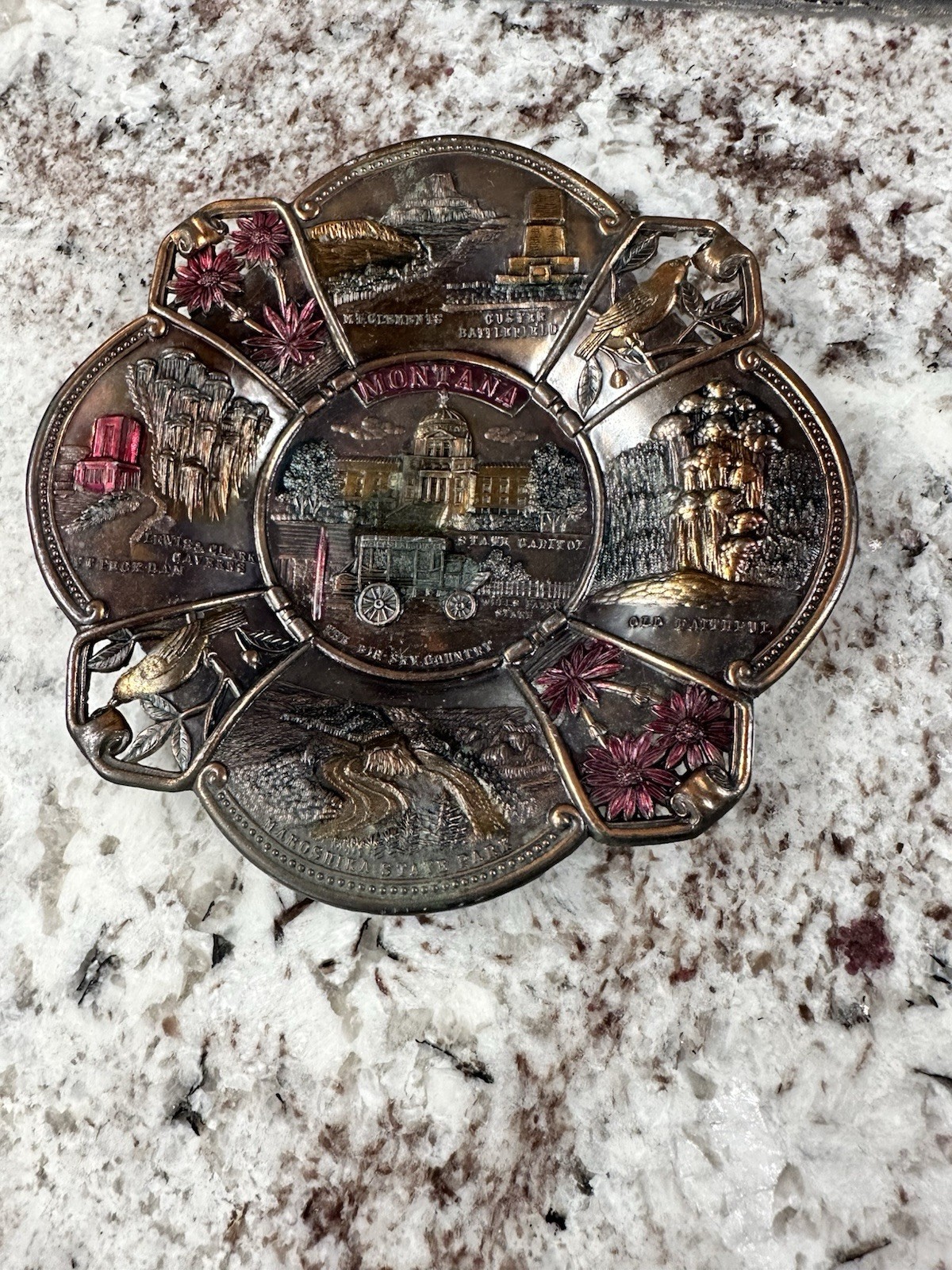 Vintage Montana Souvenir Trinket Dish Metal Plate State Capitol Old Faithful