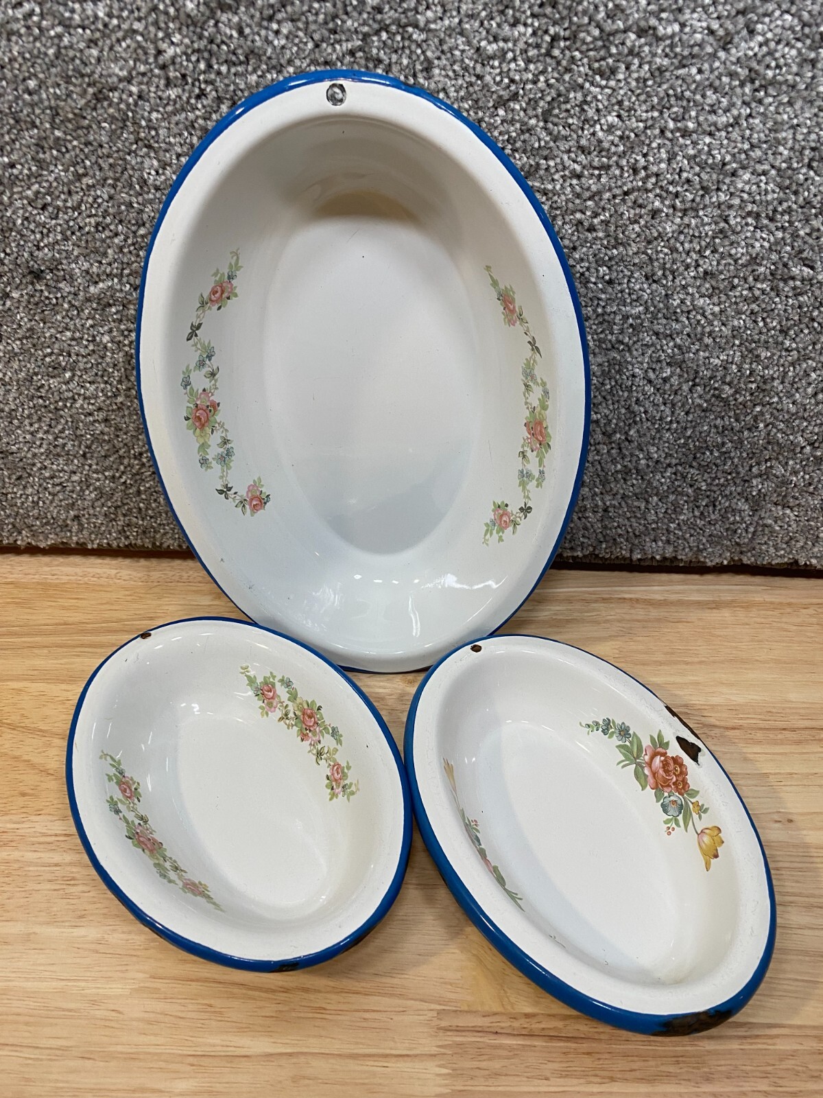 Cinsa Enamelware Saltillo Mexico Serving Dishes 3 Piece Set Oval Floral Pie Vtg