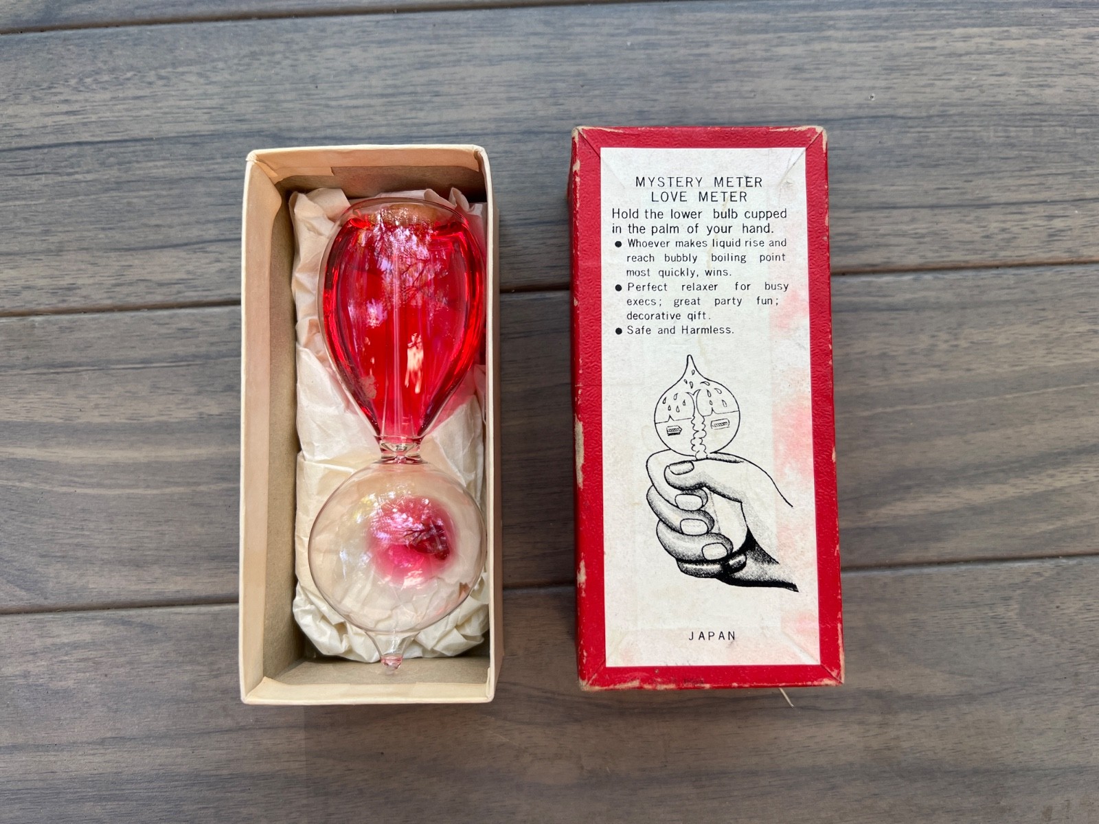 Vintage Mystery Meter Love Meter Hand Boiler Glass Novelty Japan Original Box