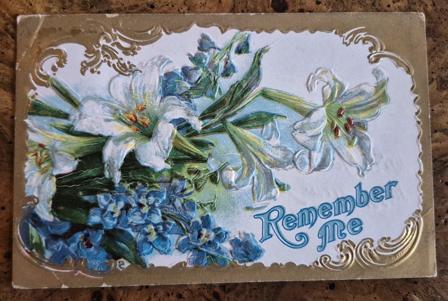 Antique Remember Me Gold & Floral Postcard PMD 1909 Woodland Michigan Embossed