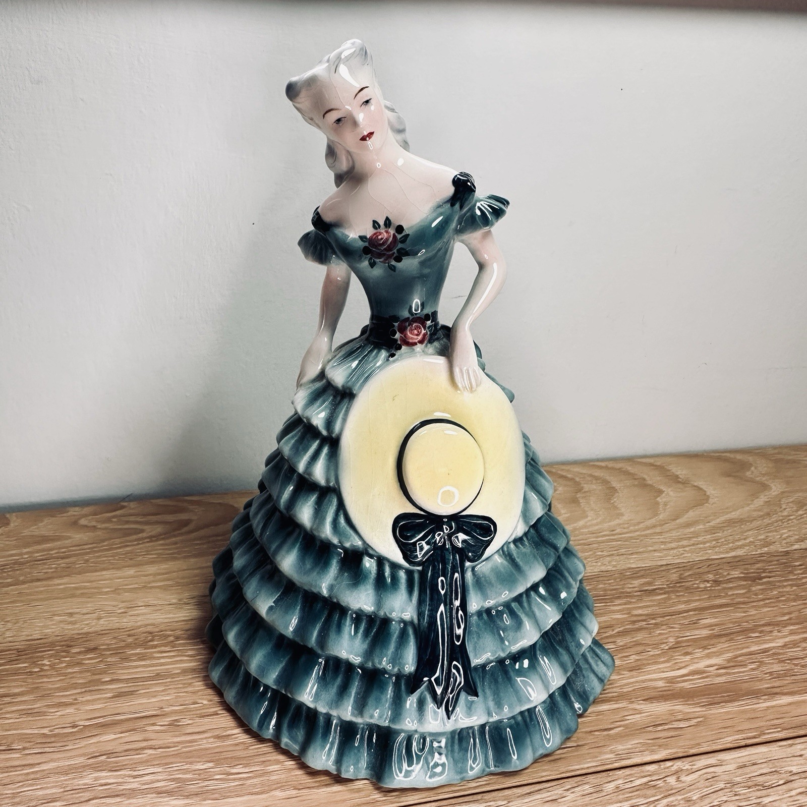 GOLDSCHEIDER-EVERLAST Southern Belle Ceramic Figurine in Teal Ruffle Gown Hat