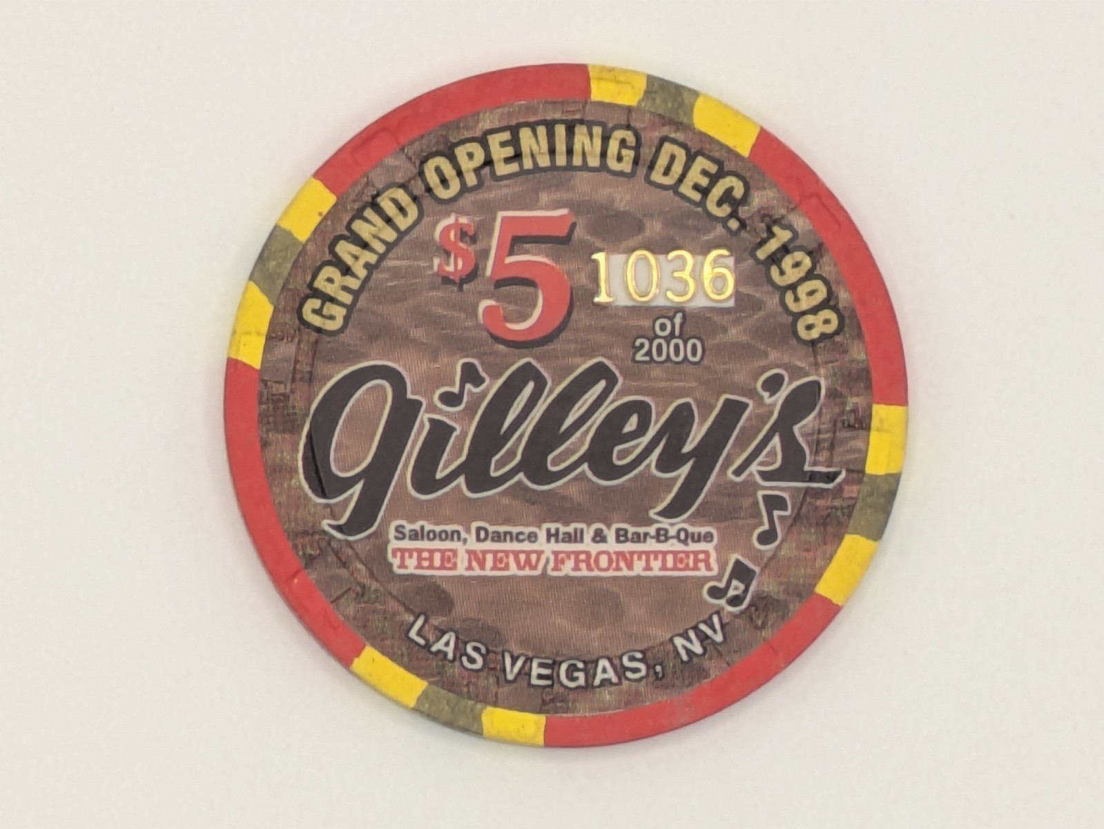 Gilley's Saloon (Las Vegas) Grand Opening 1998, $5 Casino Chip, Near Mint