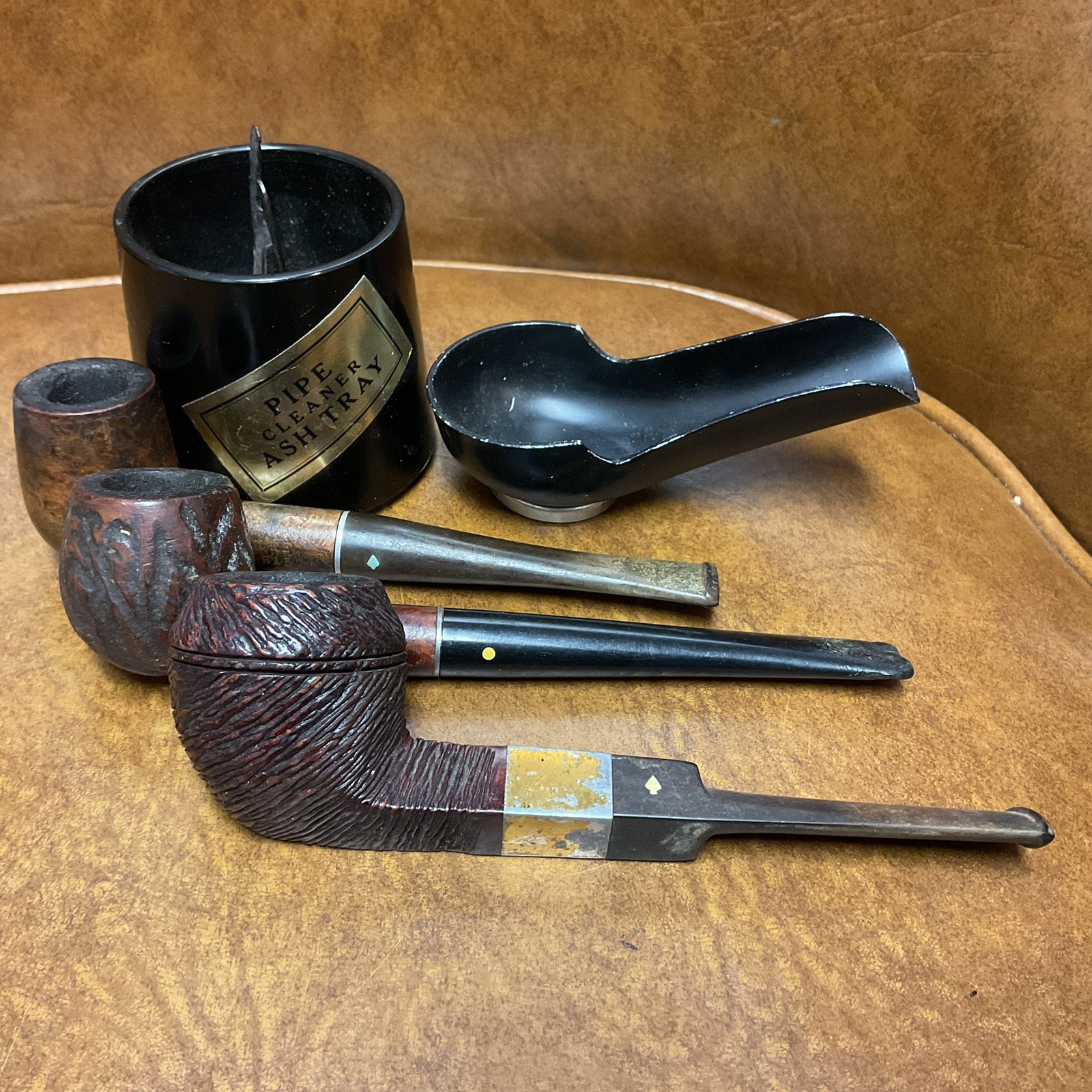 3 Vintage Smoking Pipes & Cleaner Ash Tray & Metal Pipe Holder.