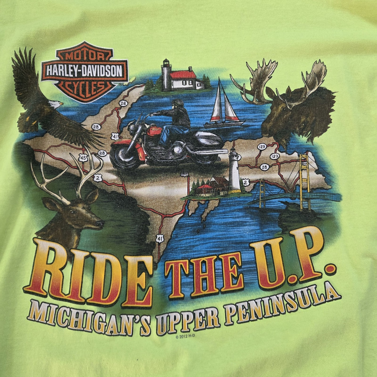 2012 Harley Davidson Michigan\'s Up long sleeve shirt yellow/green neon size XL 2012 Harley Davidson Michigan\'s Up long sleeve shirt yellow/green neon size XL
